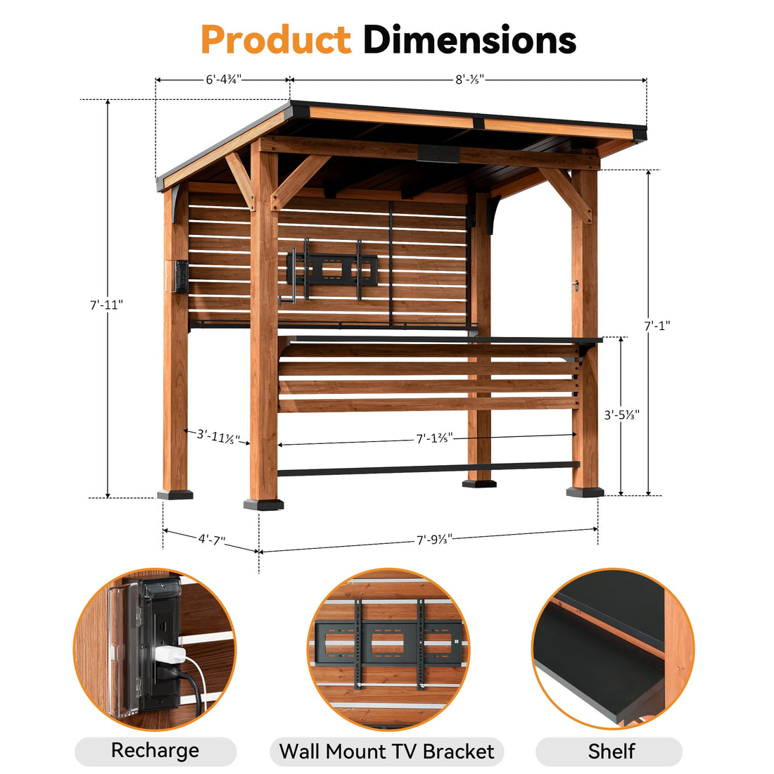 Modern Shade Cedar Wood Entertainment Gazebo with Hardtop Roof, Grill Bar Center, Shelves, TV Mount & Power Strip for Patio or Garden