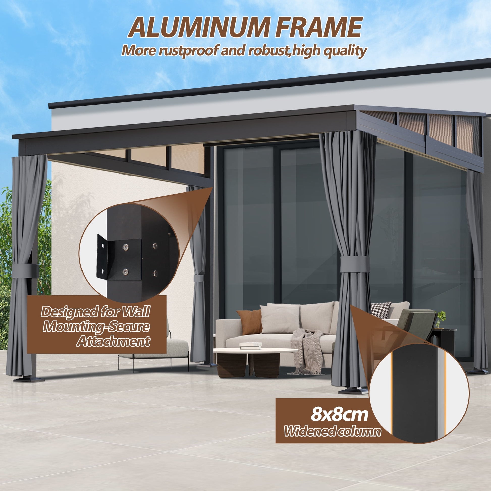 10'x 10' Wall Mounted Gazebo, Lean to Gazebo with Aluminum Frame, Polycarbonate Hardtop Gazebos Pergola with Sloping Roof for Outdoor, Mazonvintage, Patio