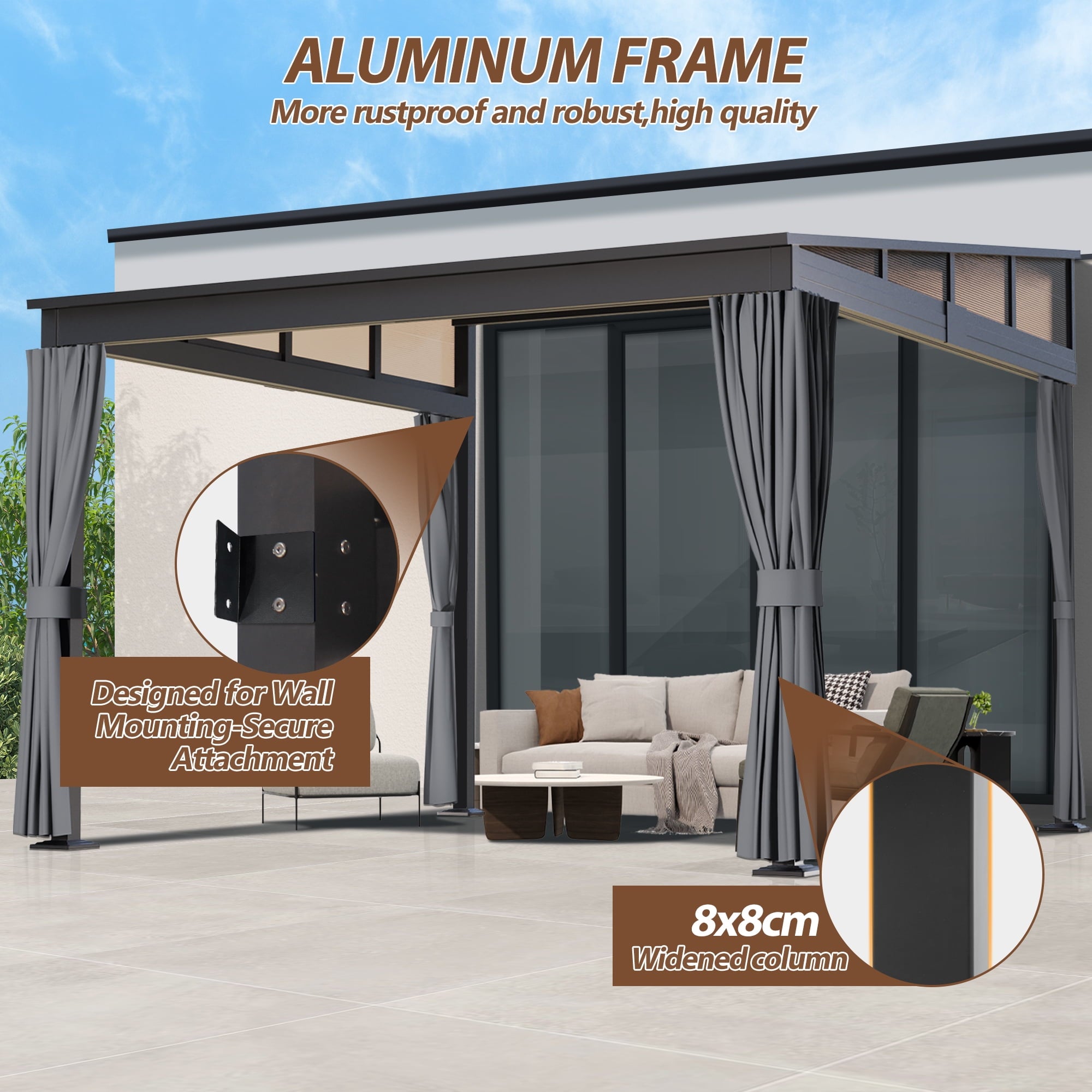 10'x 10' Wall Mounted Gazebo, Lean to Gazebo with Aluminum Frame, Polycarbonate Hardtop Gazebos Pergola with Sloping Roof for Outdoor, Mazonvintage, Patio