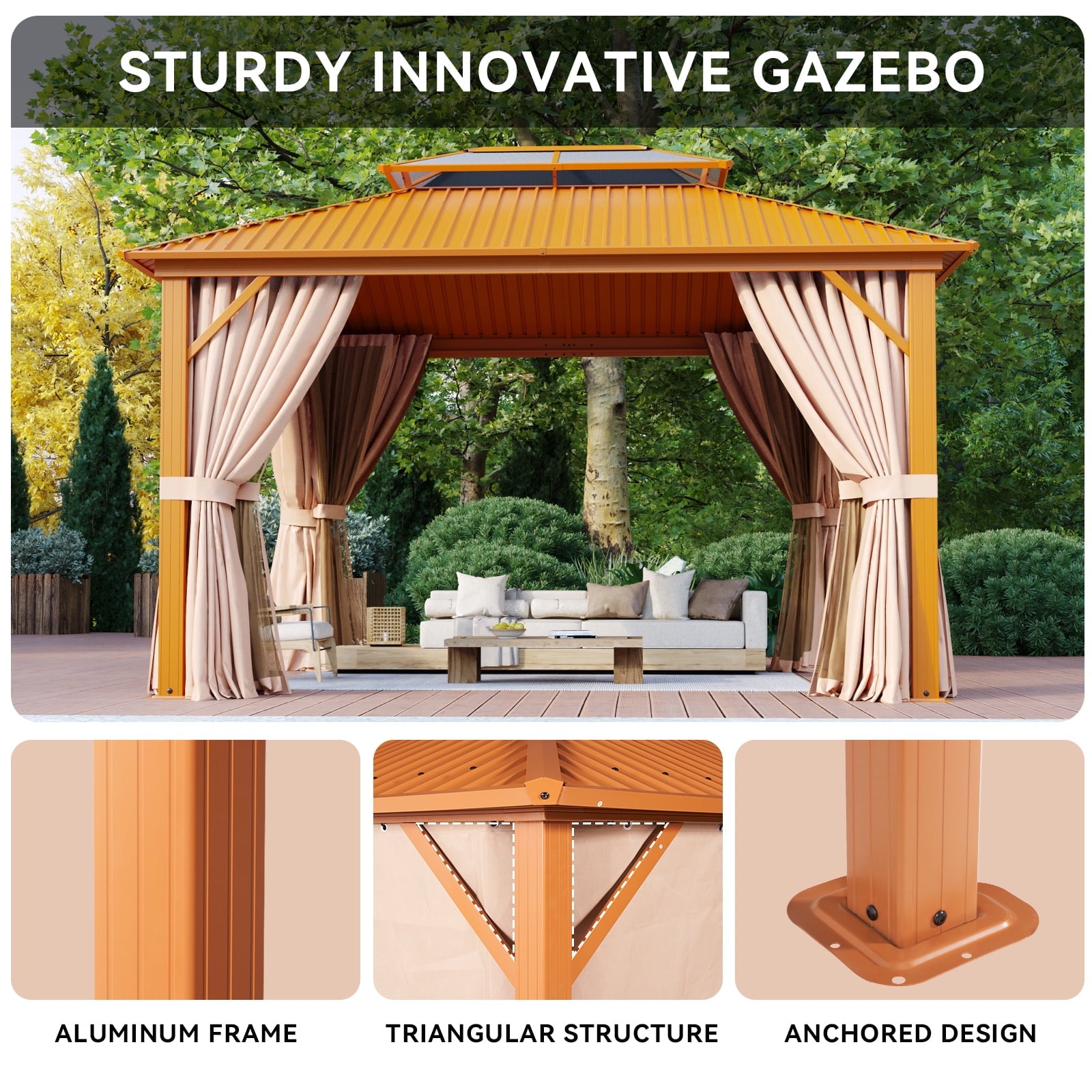 Mazonvintage 10' x 12' Hardtop Gazebo with Aluminum Frame, Double Galvanized Steel Roof