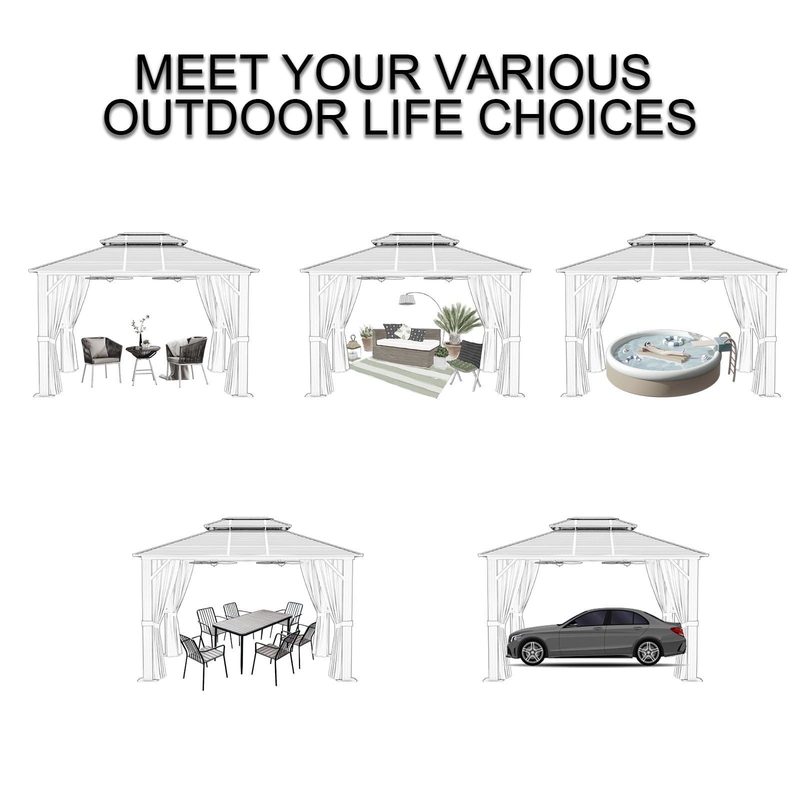 Mazonvintage 12' x 10' Double Roof Hardtop Gazebo, Aluminum Frame with Netting & Curtains