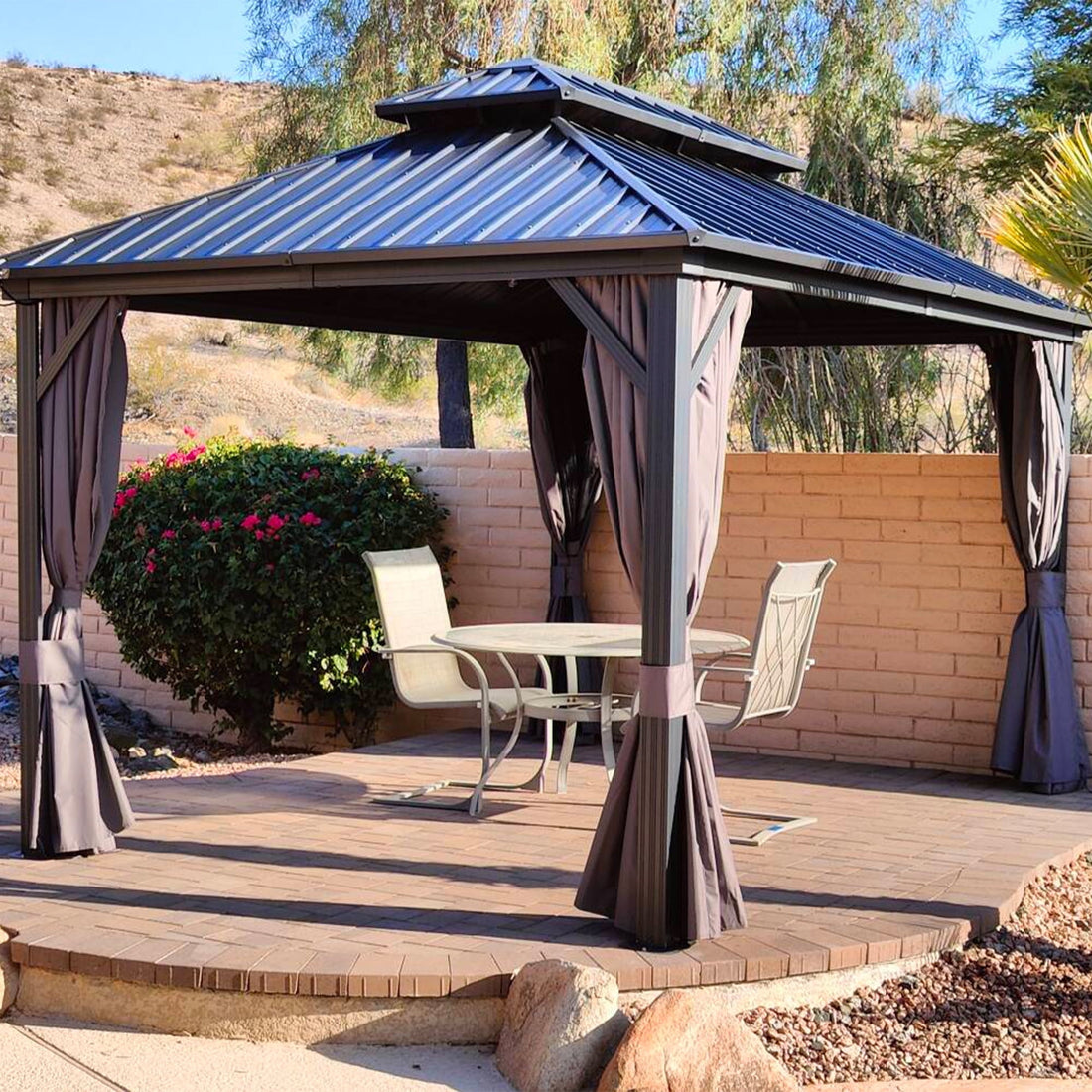 Mazonvintage LEAF 10' x 14' Permanent Mazonvintage Gazebo Aluminum Frame Gazebo with Galvanized Steel Double Roof, UV-Resistant for Backyard Patio Lawn and Garden, Netting & Curtains included - Grey