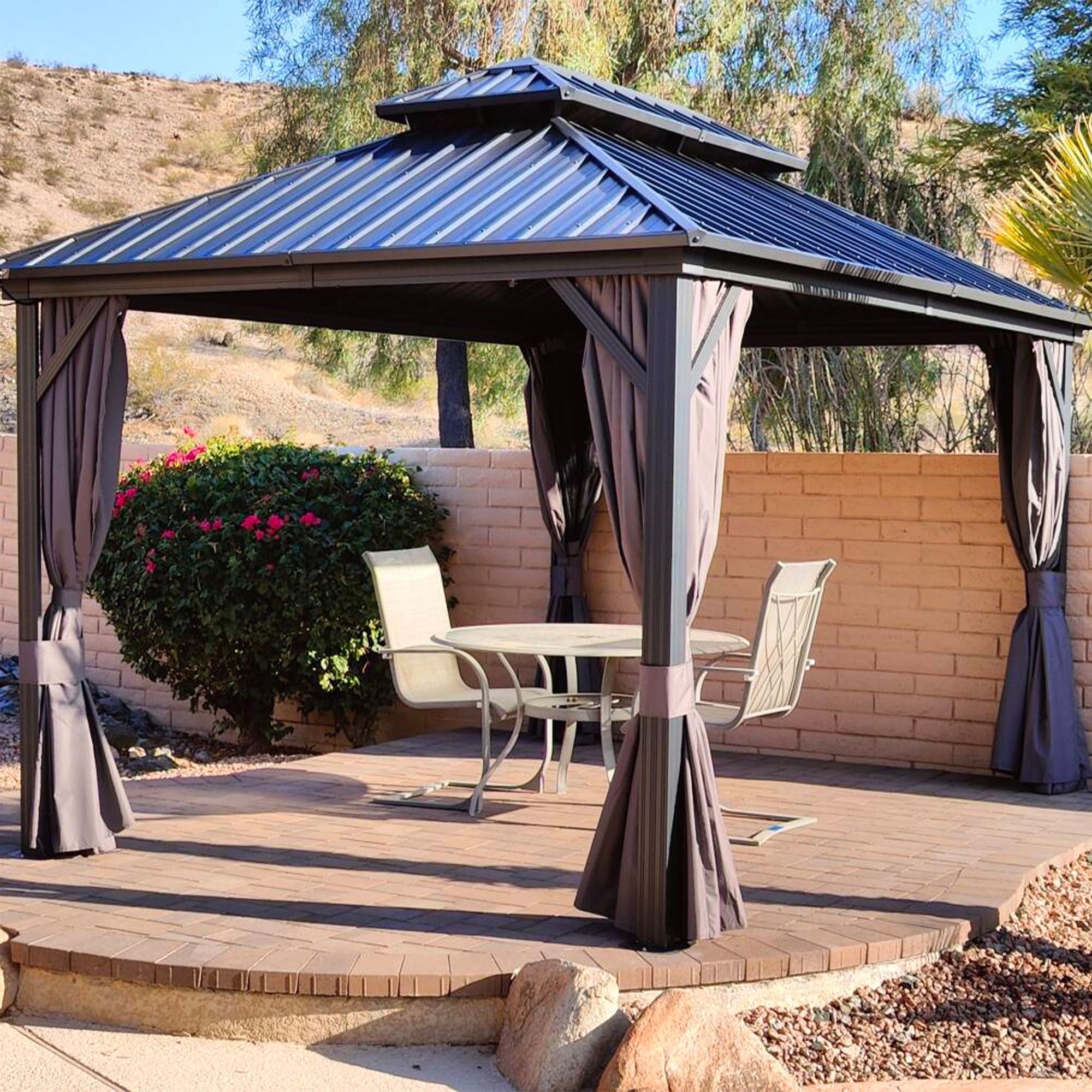 Mazonvintage 10' x 14' Permanent Mazonvintage Gazebo Aluminum Frame Gazebo with Galvanized Steel Double Roof, UV-Resistant for Mazonvintage Patio Lawn and Garden, Netting & Curtains included - Grey
