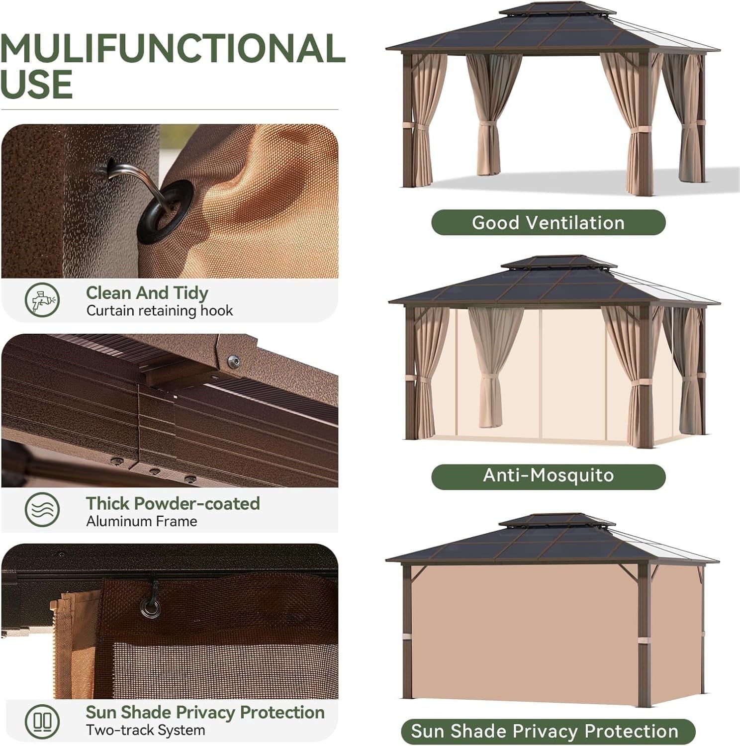 Mazonvintage 10'x12' Hardtop Gazebo, Aluminum Frame Permanent Pavilion, Outdoor Polycarbonate Gazebo, Double Roof Canopy, and 20” Outdoor Fan Lights