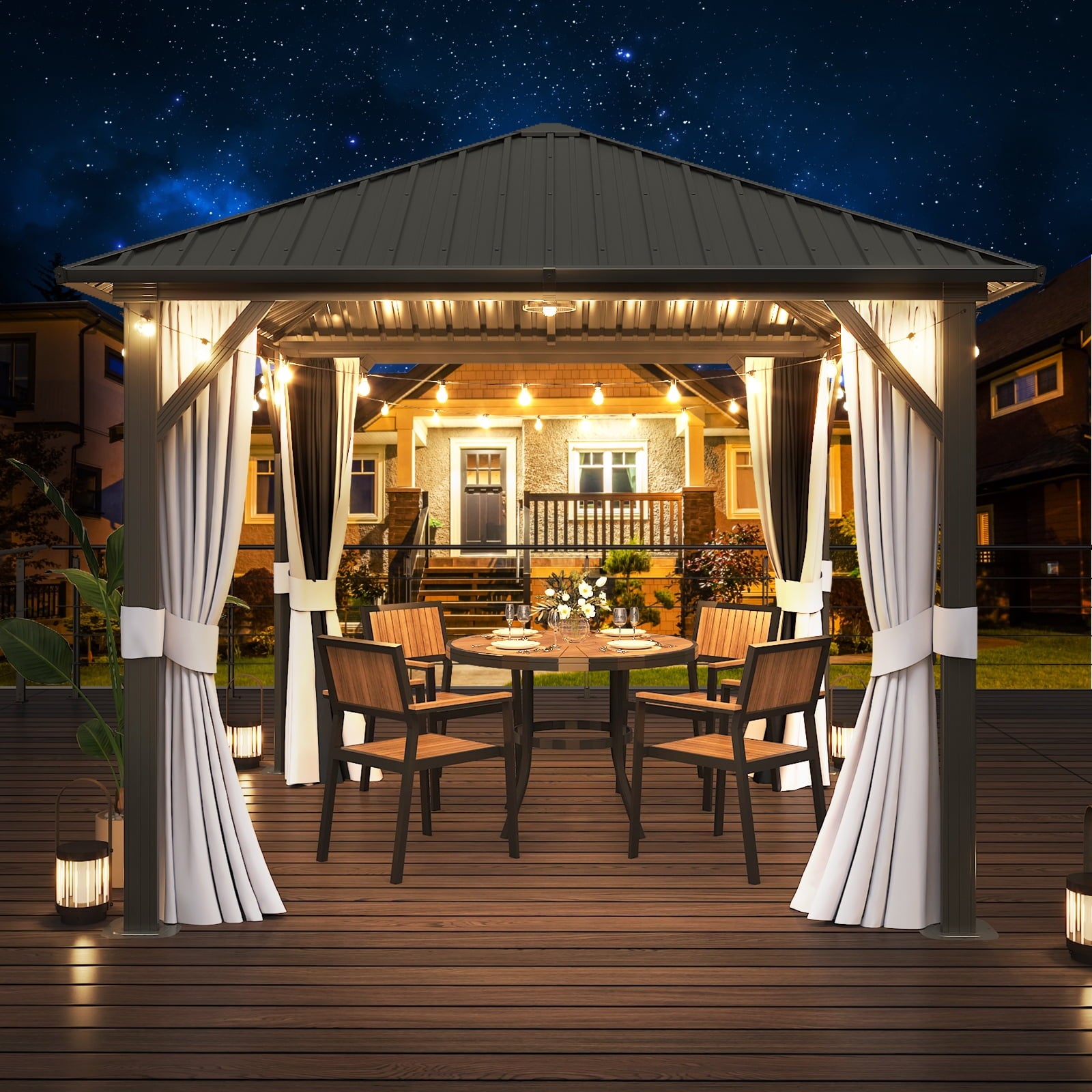 Mazonvintage 10x 10 Hardtop Gazebo, Outdoor Aluminum Frame Canopy with Netting and Curtain for Garden, Patio, Lawns, Gray