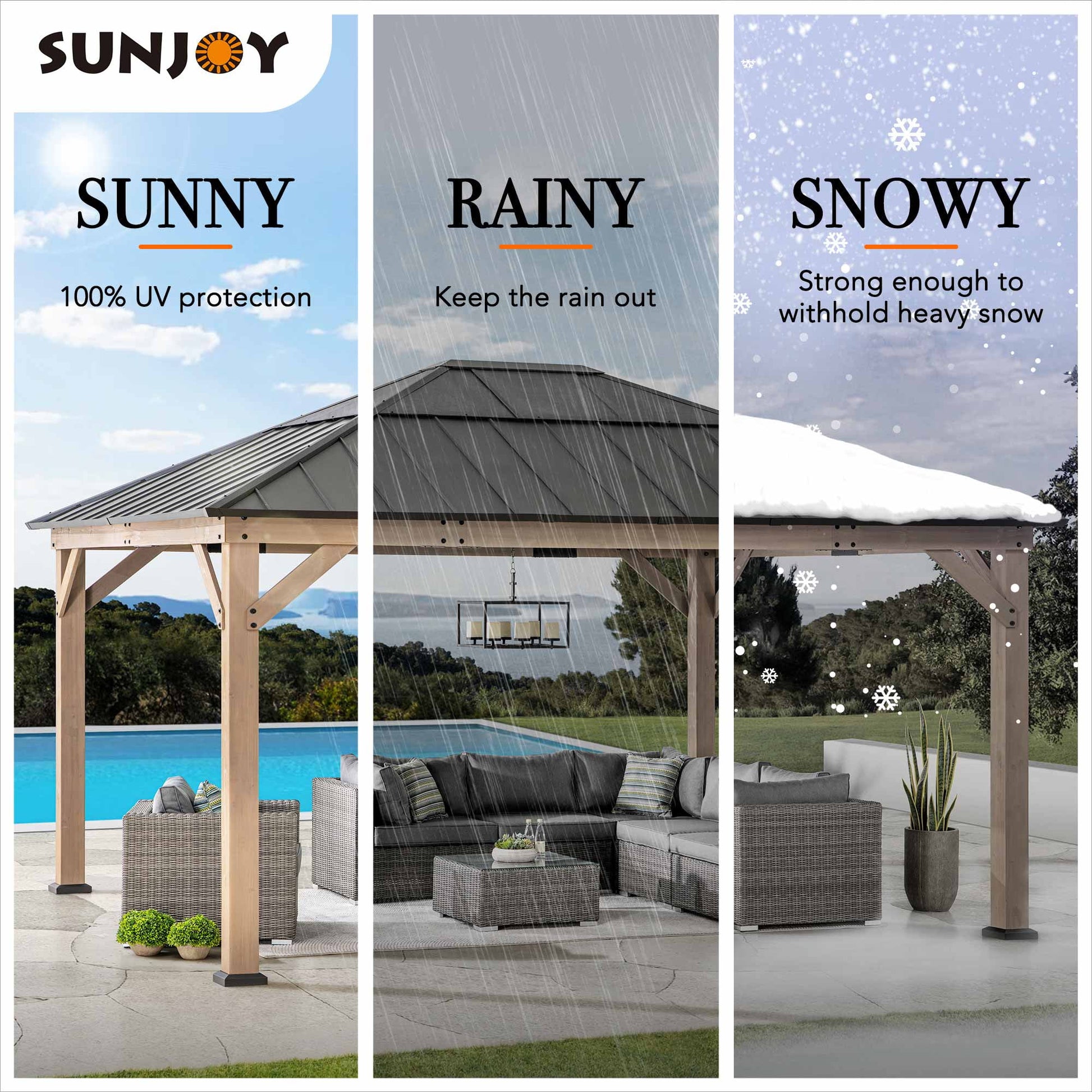 Mazonvintage Hardtop Gazebo 13 x 15 ft. Standard Cedar Framed Wood Gazebo, Outdoor Patio Gazebo with Dark Brown Steel and Polycarbonate Hip Roof and Ceiling Hook, Dark Brown Roof + Dark Wood Frame