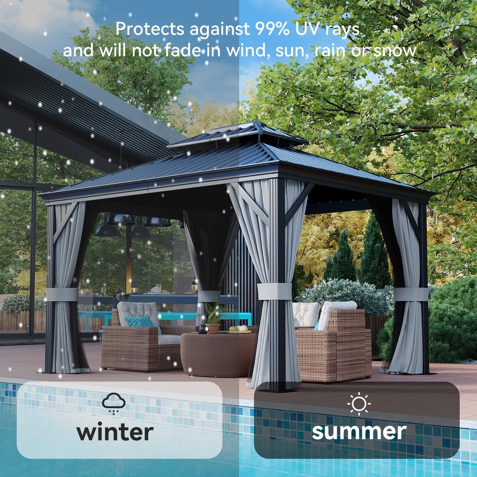 Mazonvintage 10' x 12' Hardtop Gazebo, Galvanized Steel Double Top, Permanent Aluminum Gazebo, Outdoor Metal Gazebo with Privacy Curtains and Mosquito Netting, for Parties, Gardens, Decks, Patios, Lawns