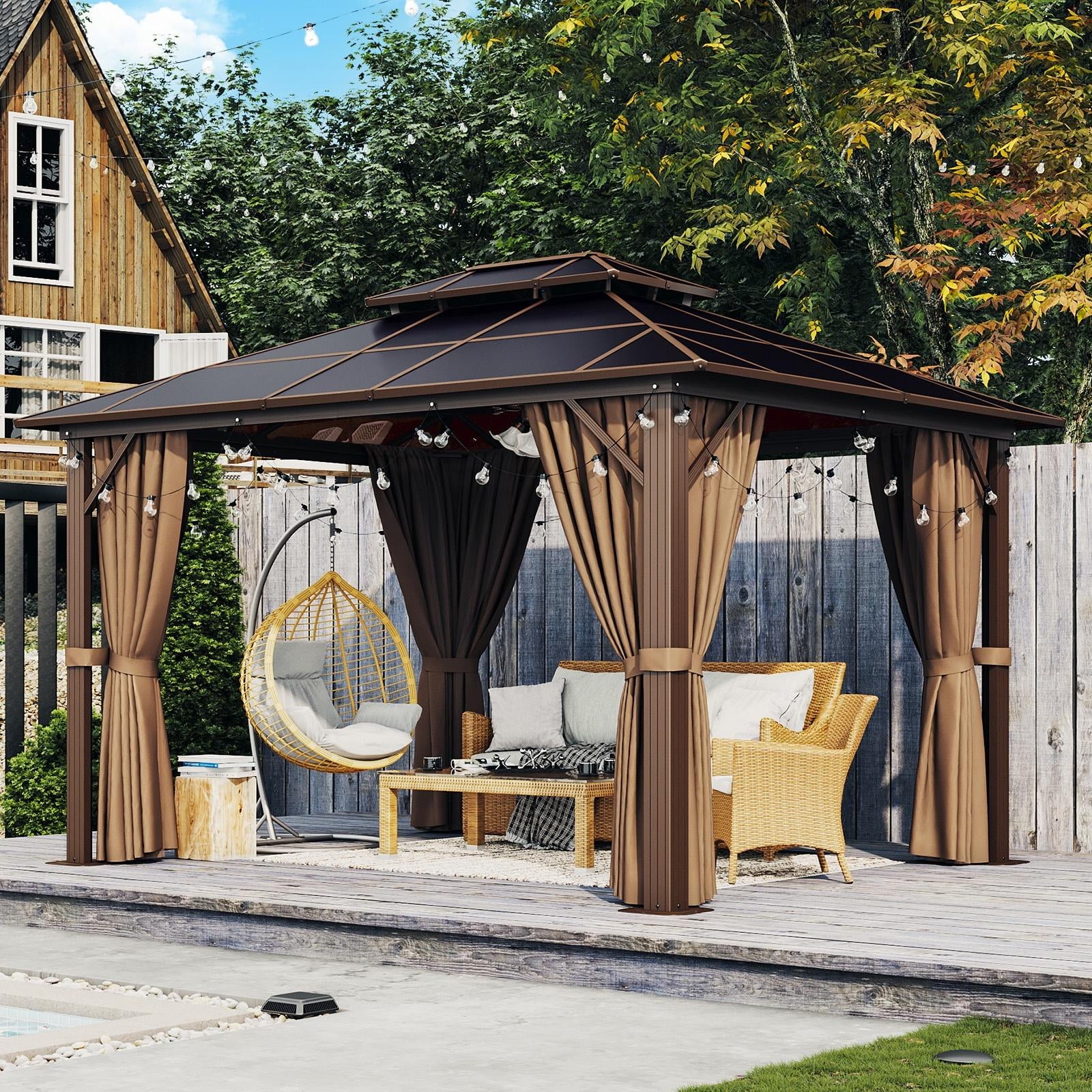Mazonvintage 10 ft. x 12 ft. Hardtop Gazebo, Double Polycarbonate Roof Aluminum Frame Gazebo W/Curtain and Netting, Brown