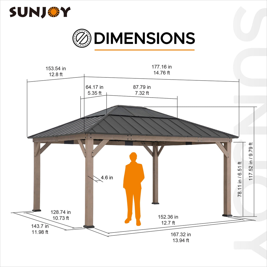 Mazonvintage Hardtop Gazebo 13 x 15 ft. Standard Cedar Framed Wood Gazebo, Outdoor Patio Gazebo with Dark Brown Steel and Polycarbonate Hip Roof and Ceiling Hook, Dark Brown Roof + Dark Wood Frame