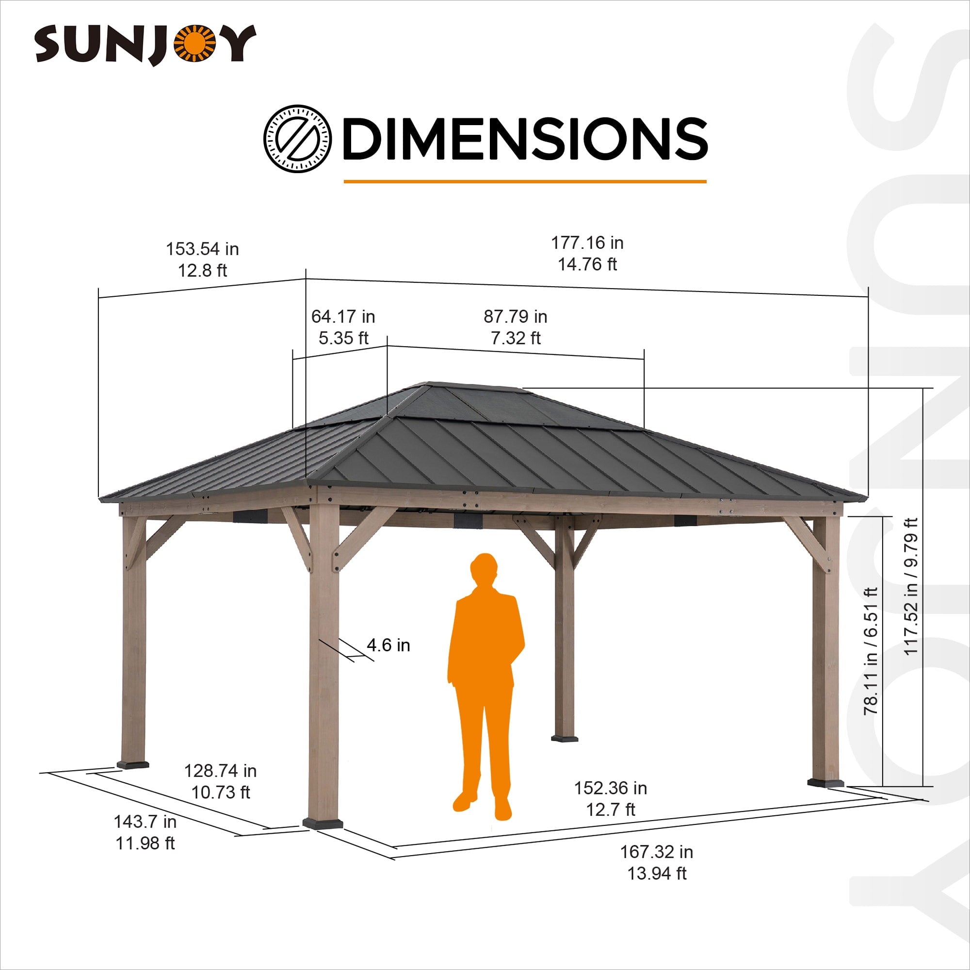 Mazonvintage Hardtop Gazebo 13 x 15 ft. Standard Cedar Framed Wood Gazebo, Outdoor Patio Gazebo with Dark Brown Steel and Polycarbonate Hip Roof and Ceiling Hook, Dark Brown Roof + Dark Wood Frame