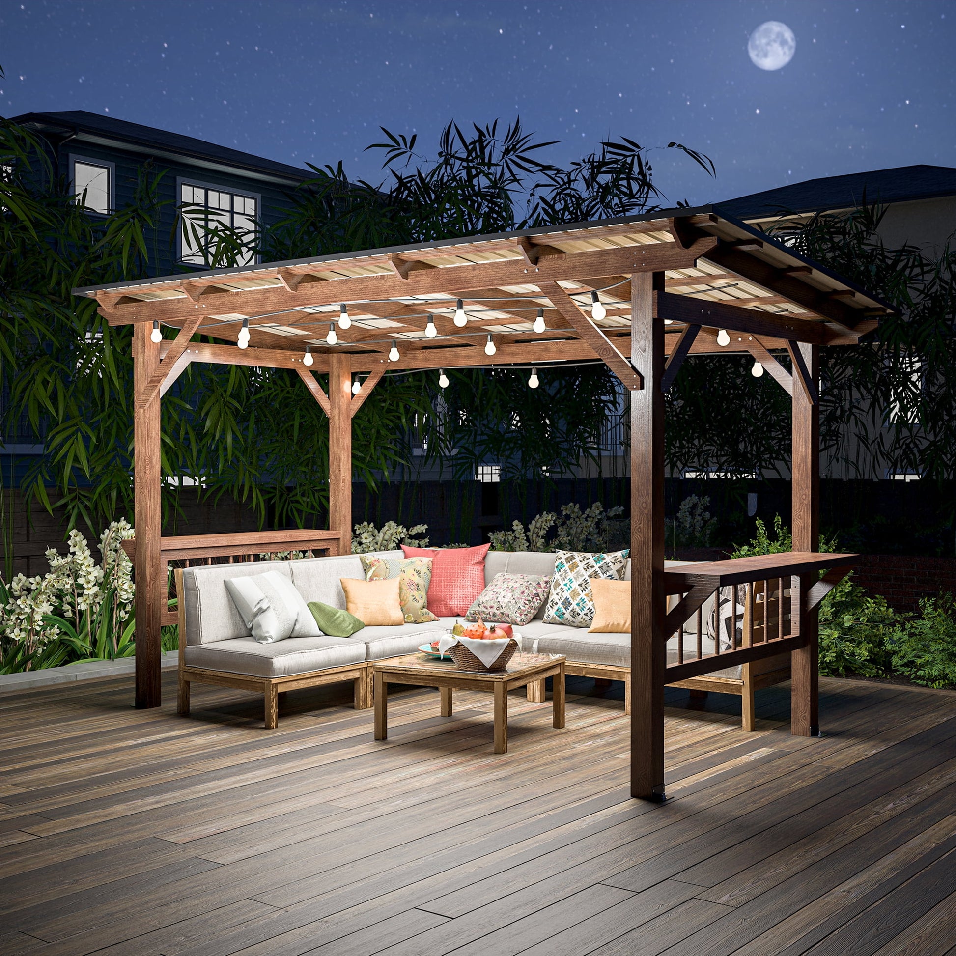 13' x 6.5' Wooden Grill Gazebo with Metal Roof, Bulbs & Bar Counters - Weather-Resistant BBQ Shelter