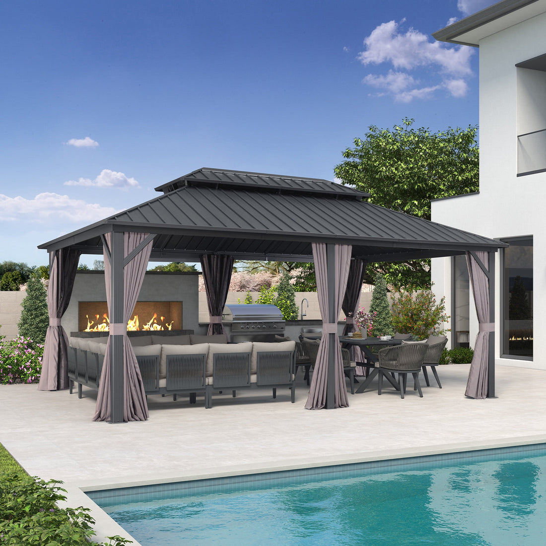 Mazonvintage LEAF 12' x 16' Permanent Hardtop Gazebo Aluminum Frame Gazebo with Galvanized Steel Double Roof, UV-Resistant for Mazonvintage Patio Lawn and Garden, Netting & Curtains included - Grey