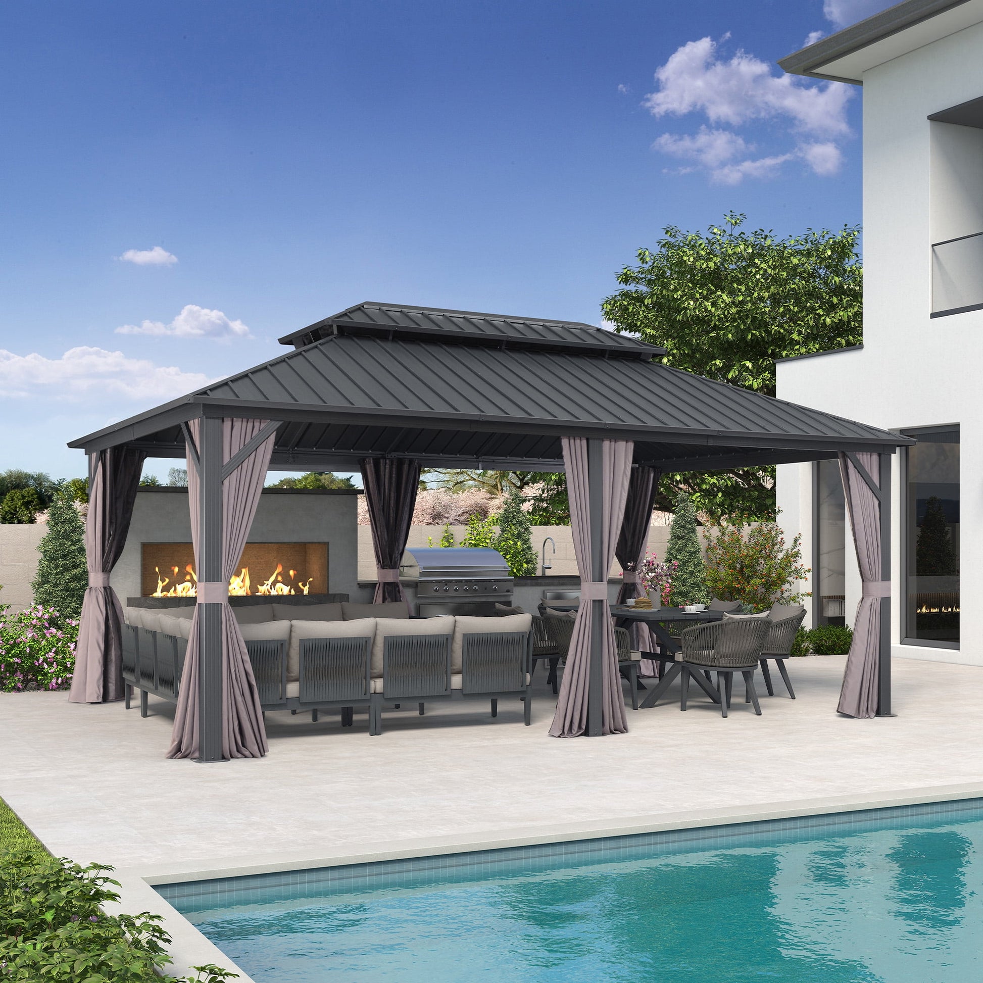 Mazonvintage LEAF 12' x 16' Permanent Hardtop Gazebo Aluminum Frame Gazebo with Galvanized Steel Double Roof, UV-Resistant for Mazonvintage Patio Lawn and Garden, Netting & Curtains included - Grey