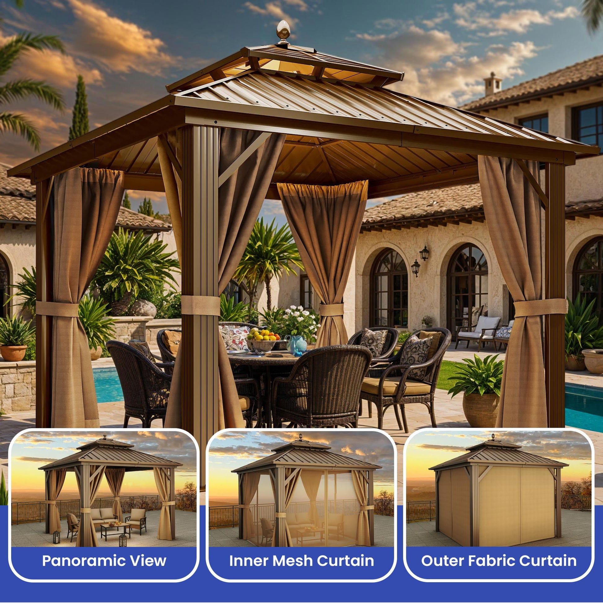 Mazonvintage 10' x 10' Double Roof Gazebo: Heavy Duty Galvanized Steel wit Netting and Curtains in Bronze