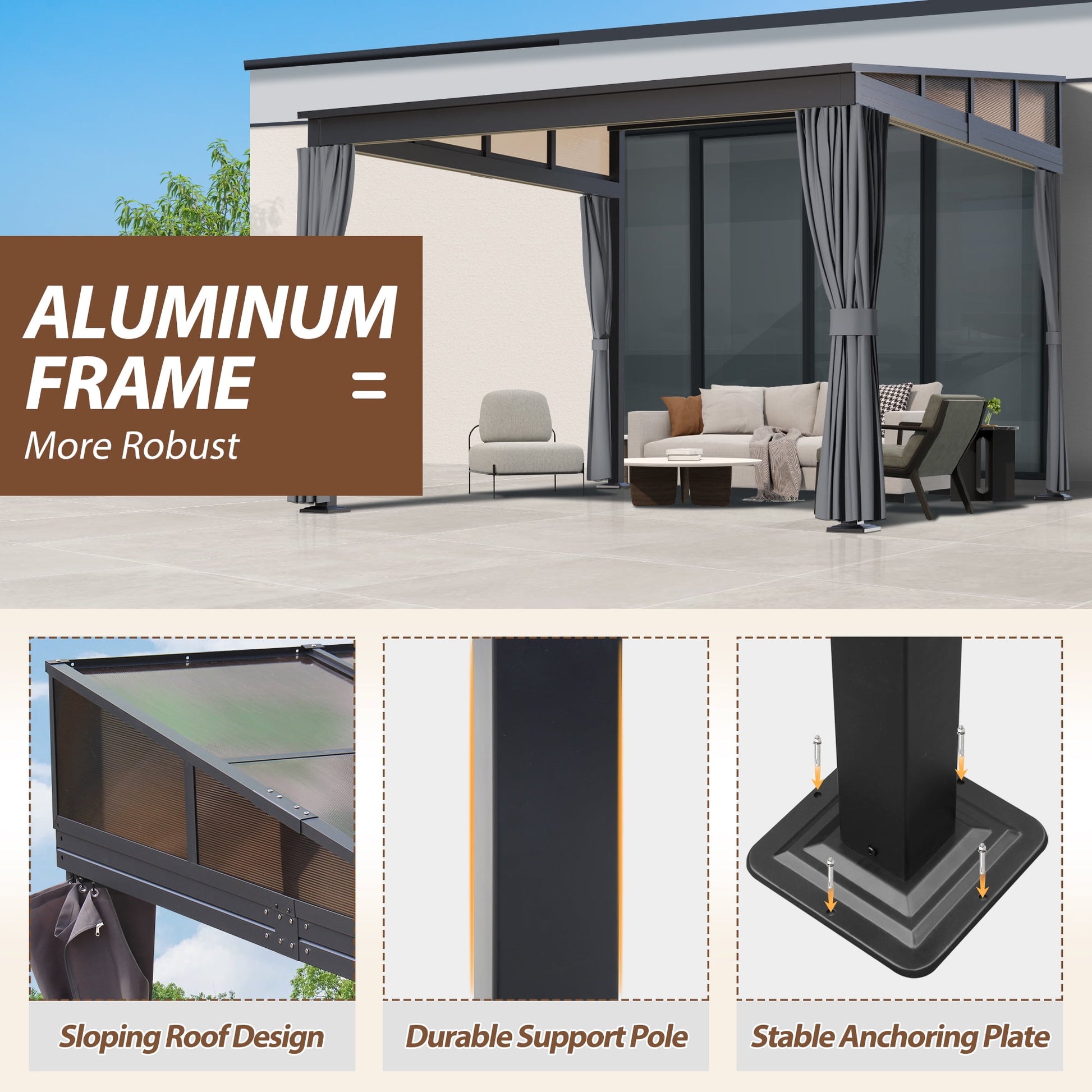 10'x 10' Wall Mounted Gazebo, Lean to Gazebo with Aluminum Frame, Polycarbonate Hardtop Gazebos Pergola with Sloping Roof for Outdoor, Mazonvintage, Patio