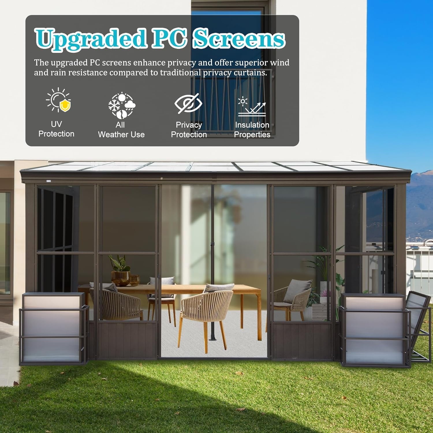 Mazonvintage Sunroom 10x12FT Wall Mounted Gazebo with Detachable Roof and Lockable Sliding Doors for Garden Patio DeckAluminum Lean to Gazebo Sun Room