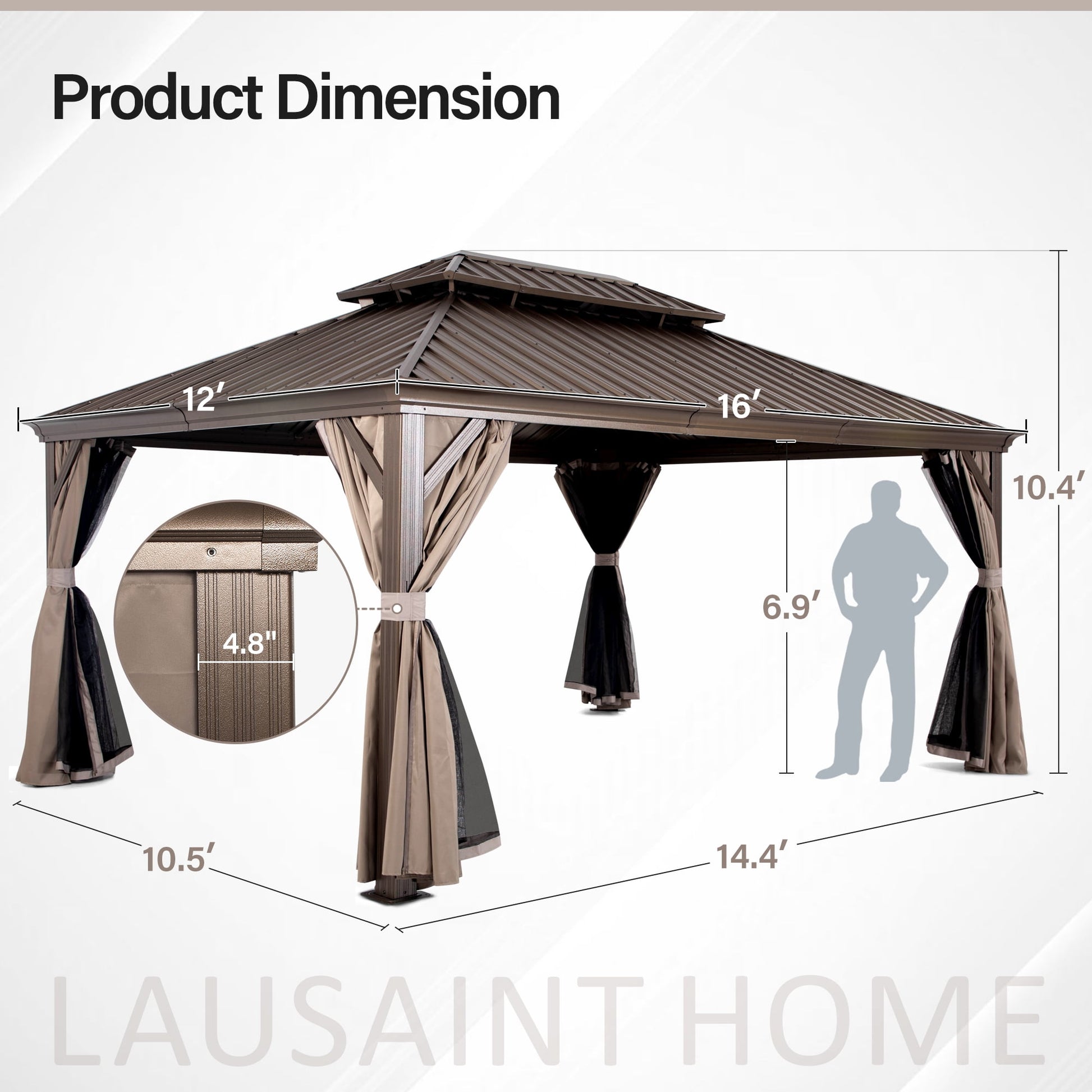 Mazonvintage HOME 12' x 16' Hardtop Patio Gazebo, 2-Tier Permanent Aluminum Hardtop with Mosquito Netting and Privacy Curtain, Brown