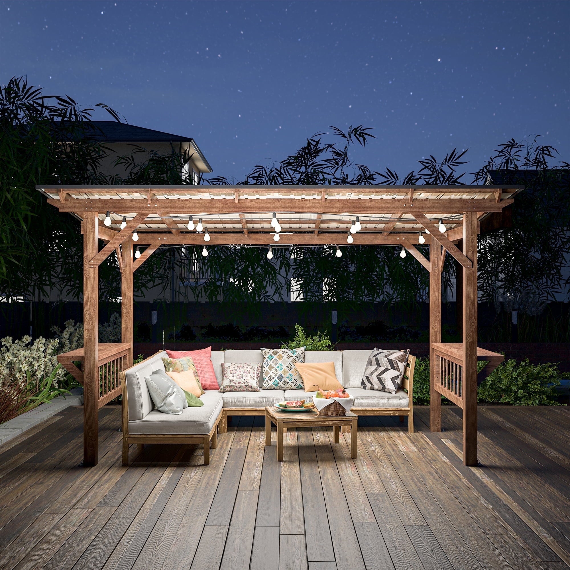 13' x 6.5' Wooden Grill Gazebo with Metal Roof, Bulbs & Bar Counters - Weather-Resistant BBQ Shelter