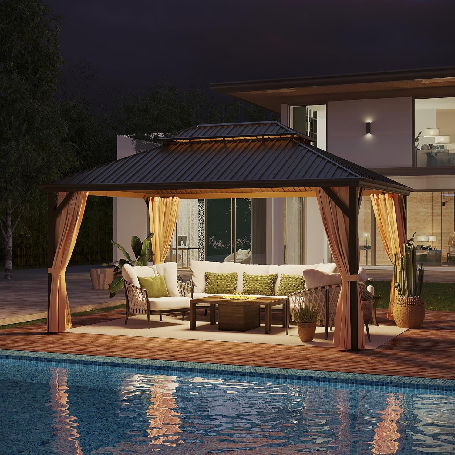 Mazonvintage 12' x 16' Mazonvintage Gazebo, Brown, Double Roof, Galvanized Steel, Netting & Curtains