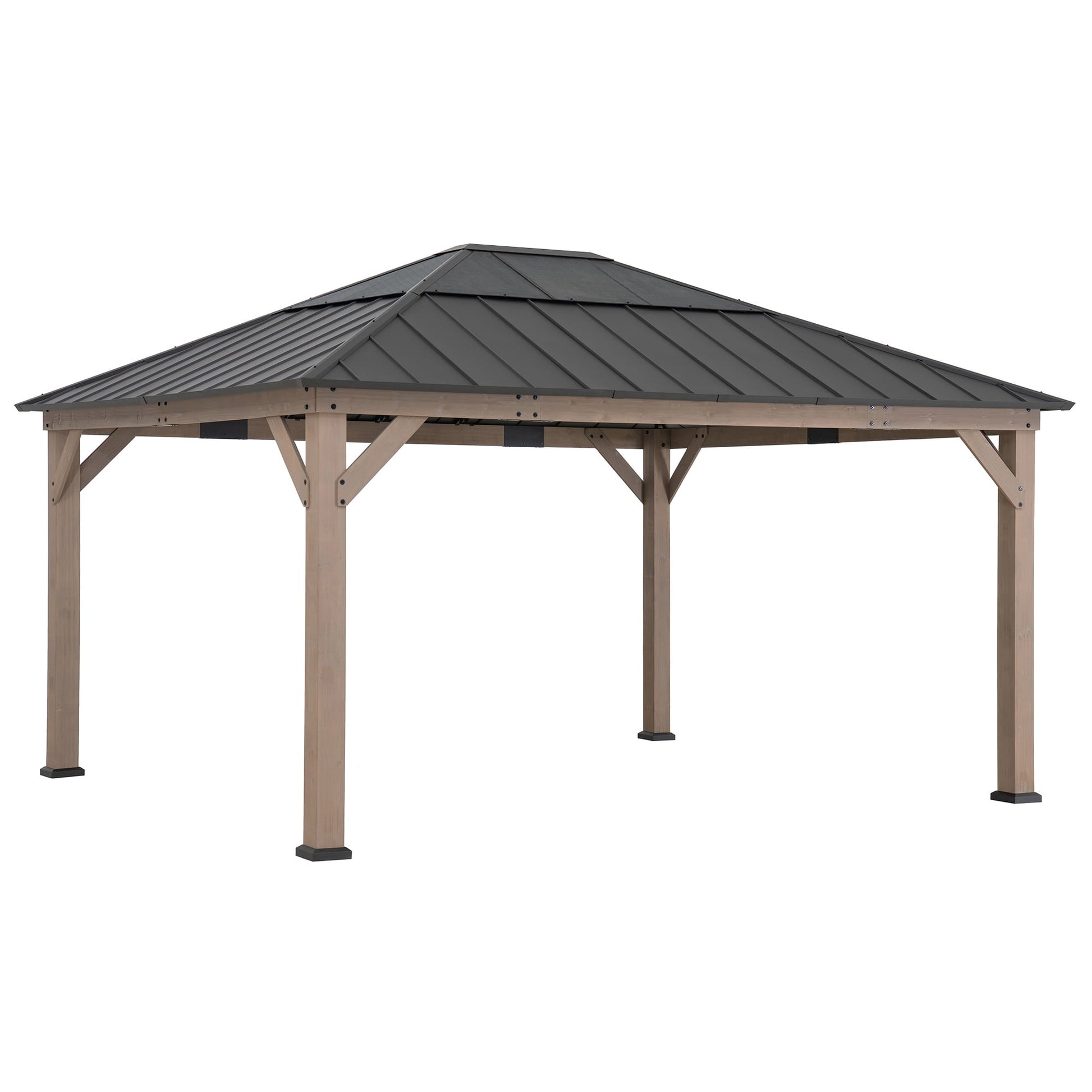Mazonvintage Hardtop Gazebo 13 x 15 ft. Standard Cedar Framed Wood Gazebo, Outdoor Patio Gazebo with Dark Brown Steel and Polycarbonate Hip Roof and Ceiling Hook, Dark Brown Roof + Dark Wood Frame