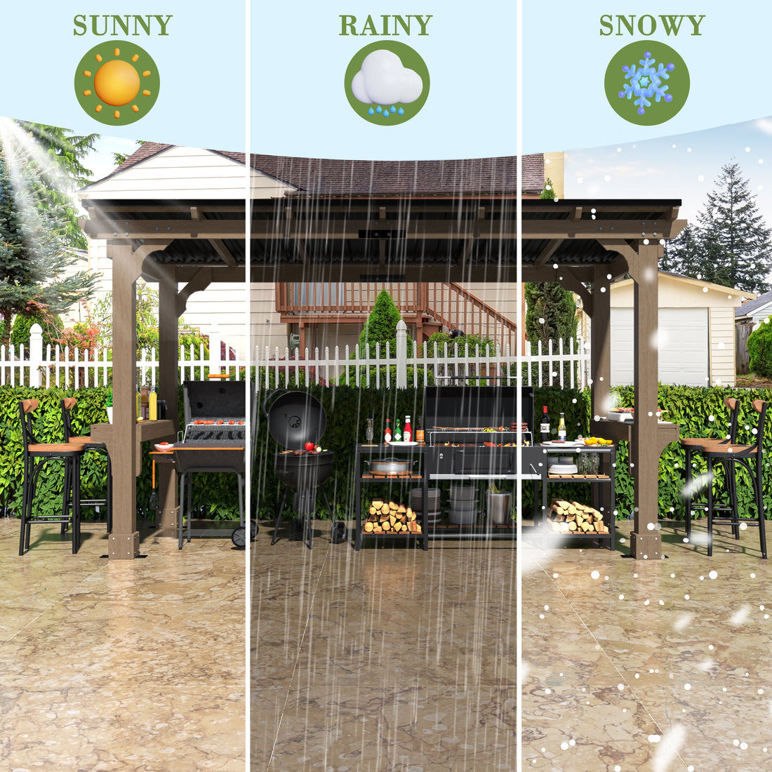 Mazonvintage 13' x 6' Outdoor Grill Gazebo, Outdoor Heavy Duty BBQ Pergola w/Workstation Shelves for Garden, Patio, Light Mocha Brown