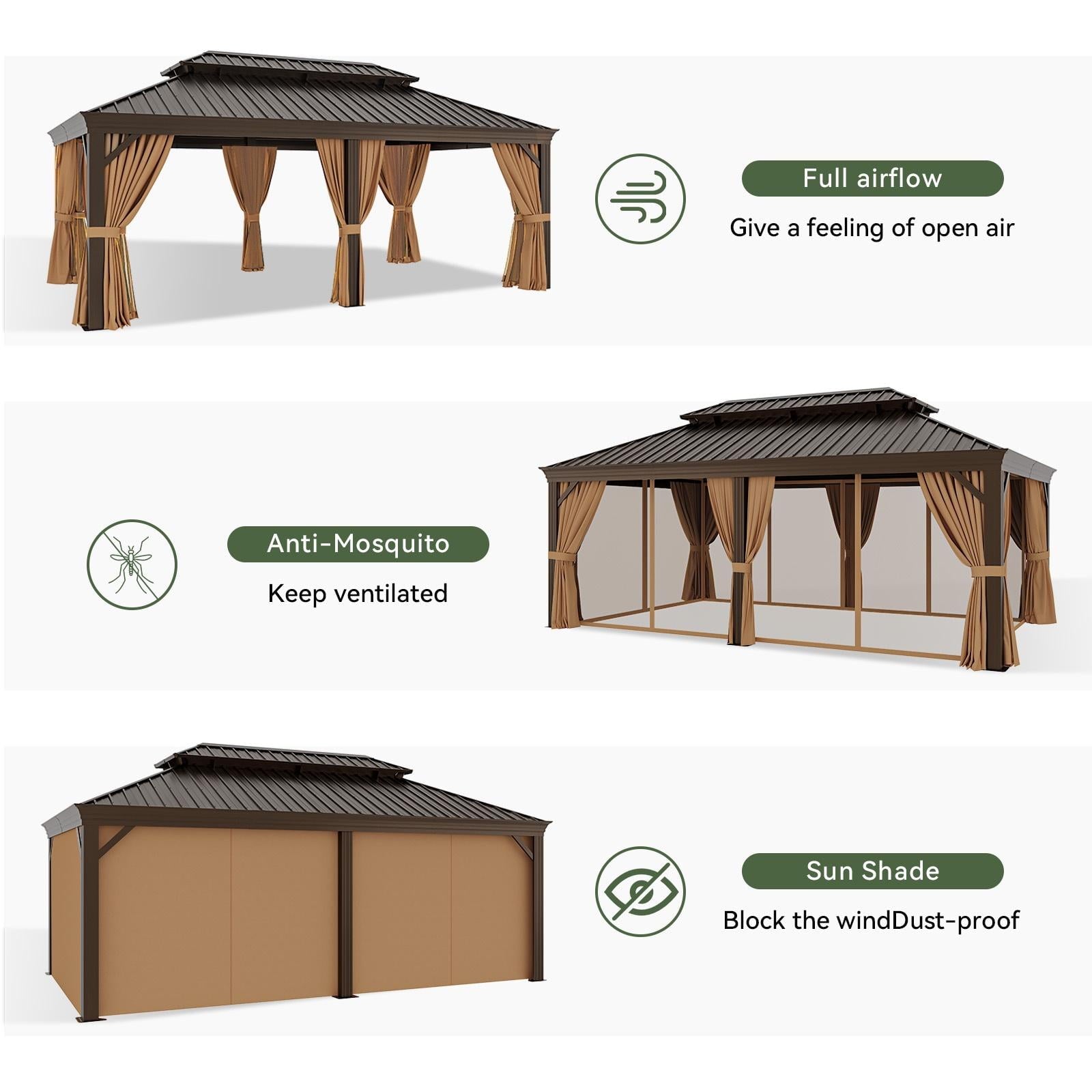 Mazonvintage 12 ft. x 20 ft. Outdoor Hardtop Gazebo, Galvanized Steel Double Roof Gazebo with Curtain and Netting