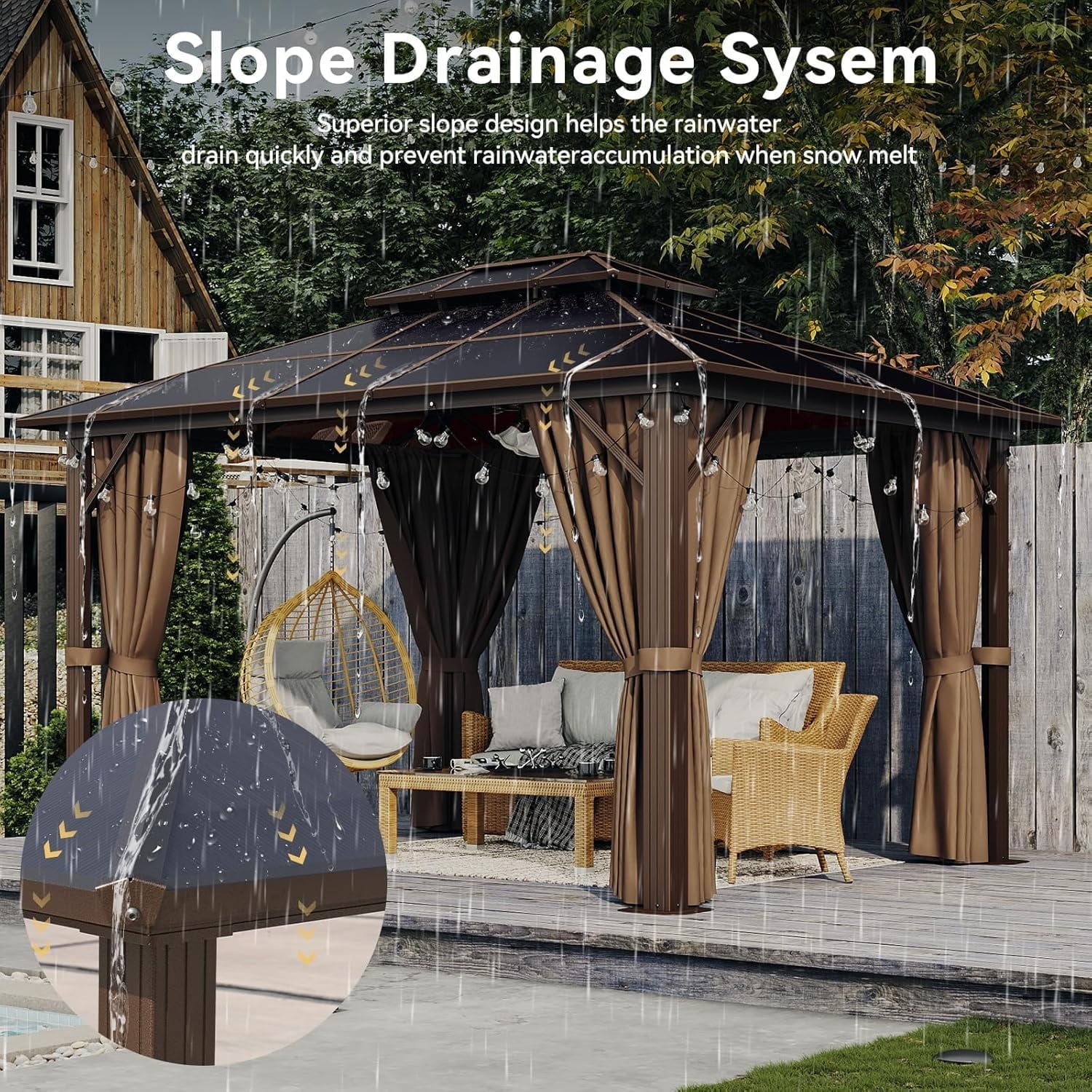 Mazonvintage 10'x12' Hardtop Gazebo, Aluminum Frame Permanent Pavilion, Outdoor Polycarbonate Gazebo, Double Roof Canopy, and 20” Outdoor Fan Lights