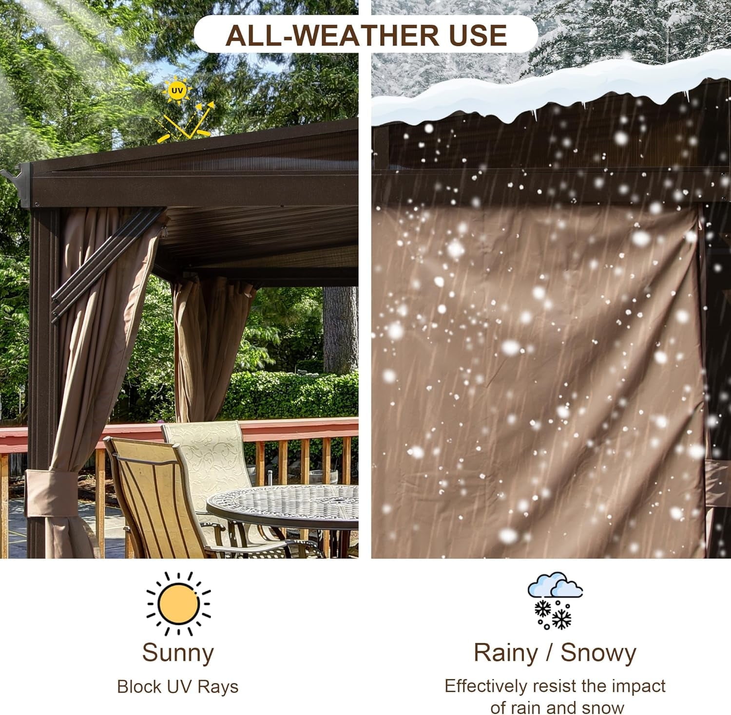 Mazonvintage Outdoor Living 8' x 12' Hardtop Lean-to Gazebo, Wall-Mounted with Galvanized Steel Roof Wall Pergola with Aluminum Frame, Curtains and Netting, for Patio, Deck, Garden, Backyard