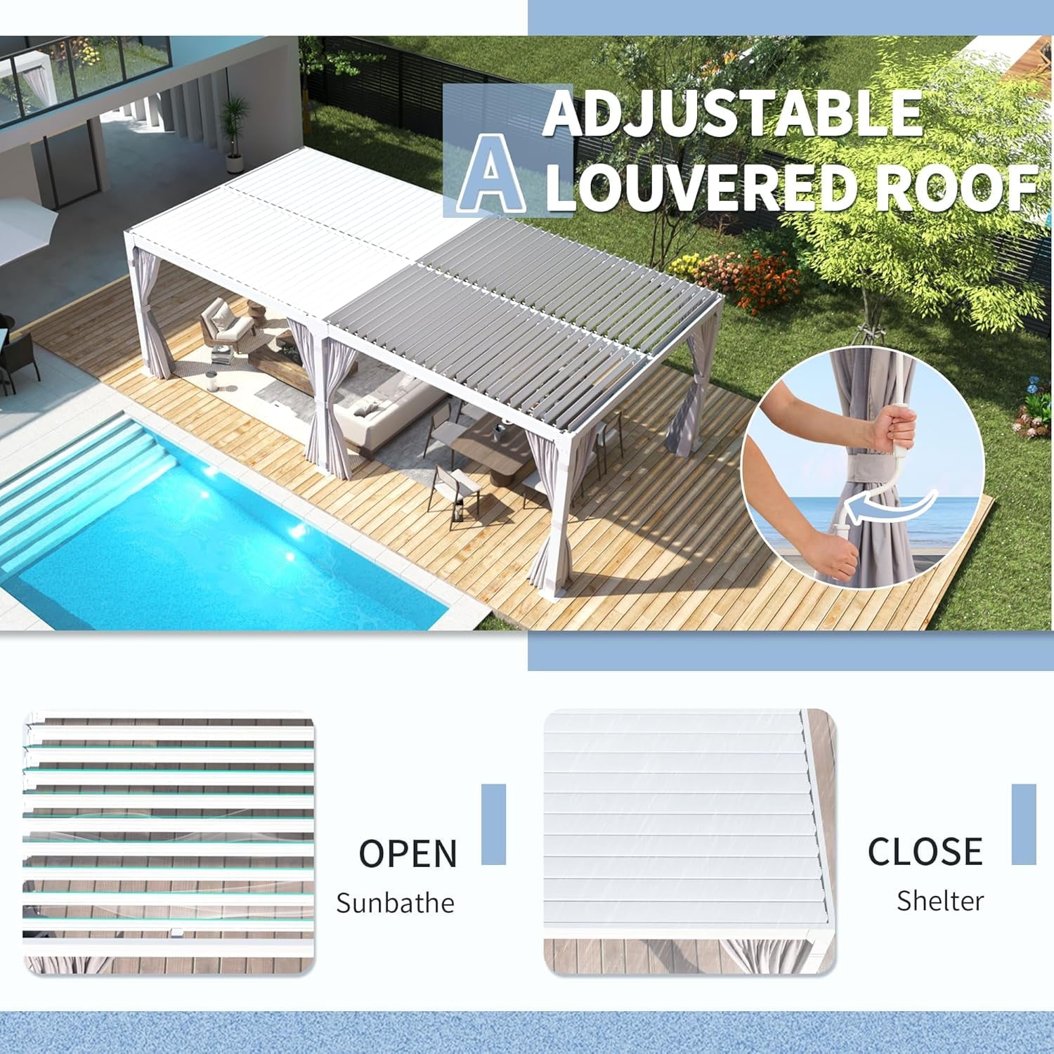 Mazonvintage Louvered Pergola 12x20, All Aluminum Pergola with Adjustable Rainproof Roof,White
