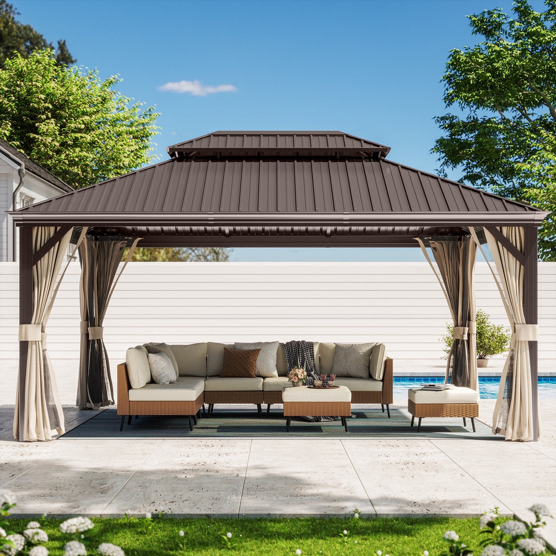 Mazonvintage HOME 12' x 16' Hardtop Patio Gazebo, 2-Tier Permanent Aluminum Hardtop with Mosquito Netting and Privacy Curtain, Brown