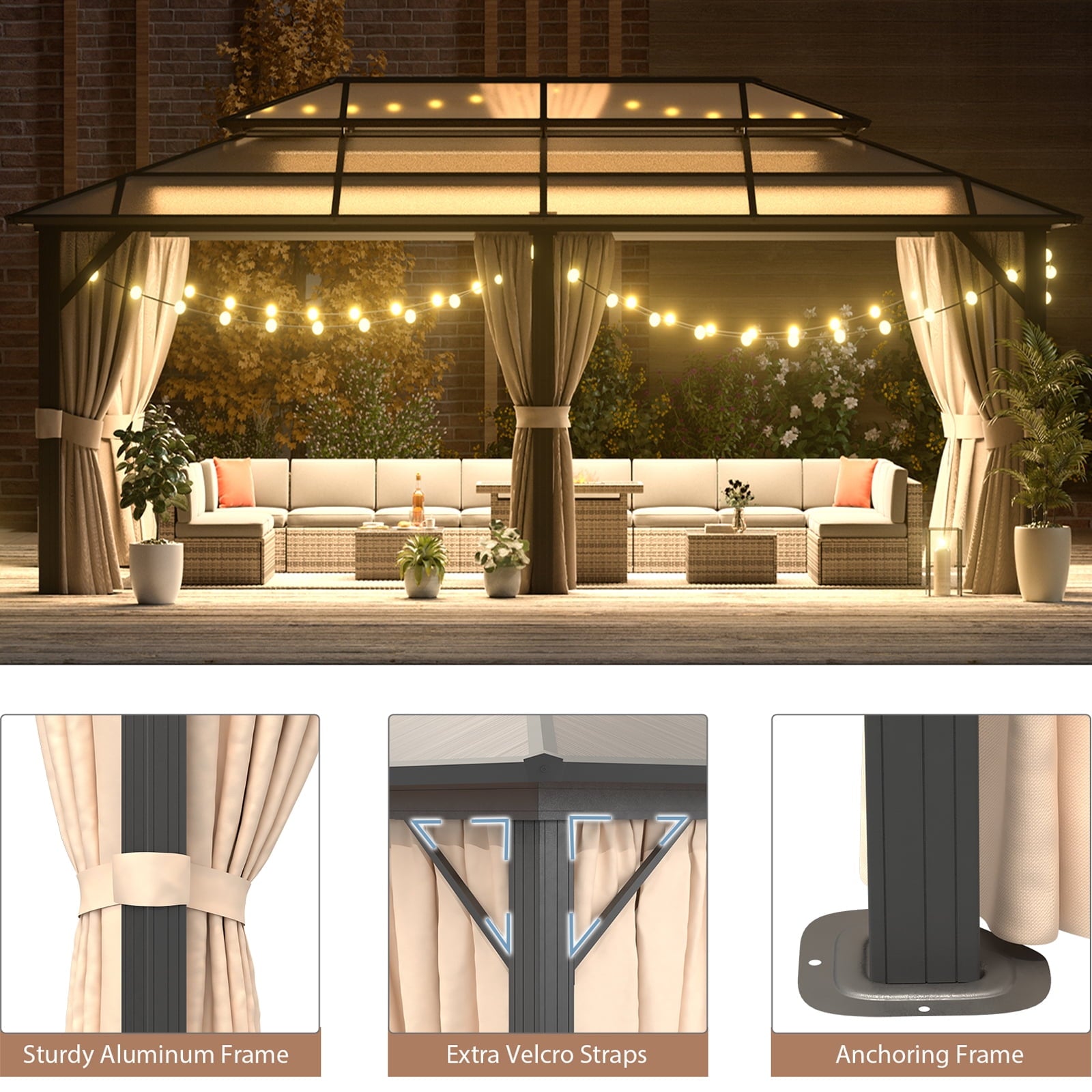 Mazonvintage 12x20FT Hardtop Gazebo, Aluminum Frame Permanent Pavilion with Curtains and Netting, Outdoor Polycarbonate Double Roof Canopy, Designed for Garden, Lawns, Patio
