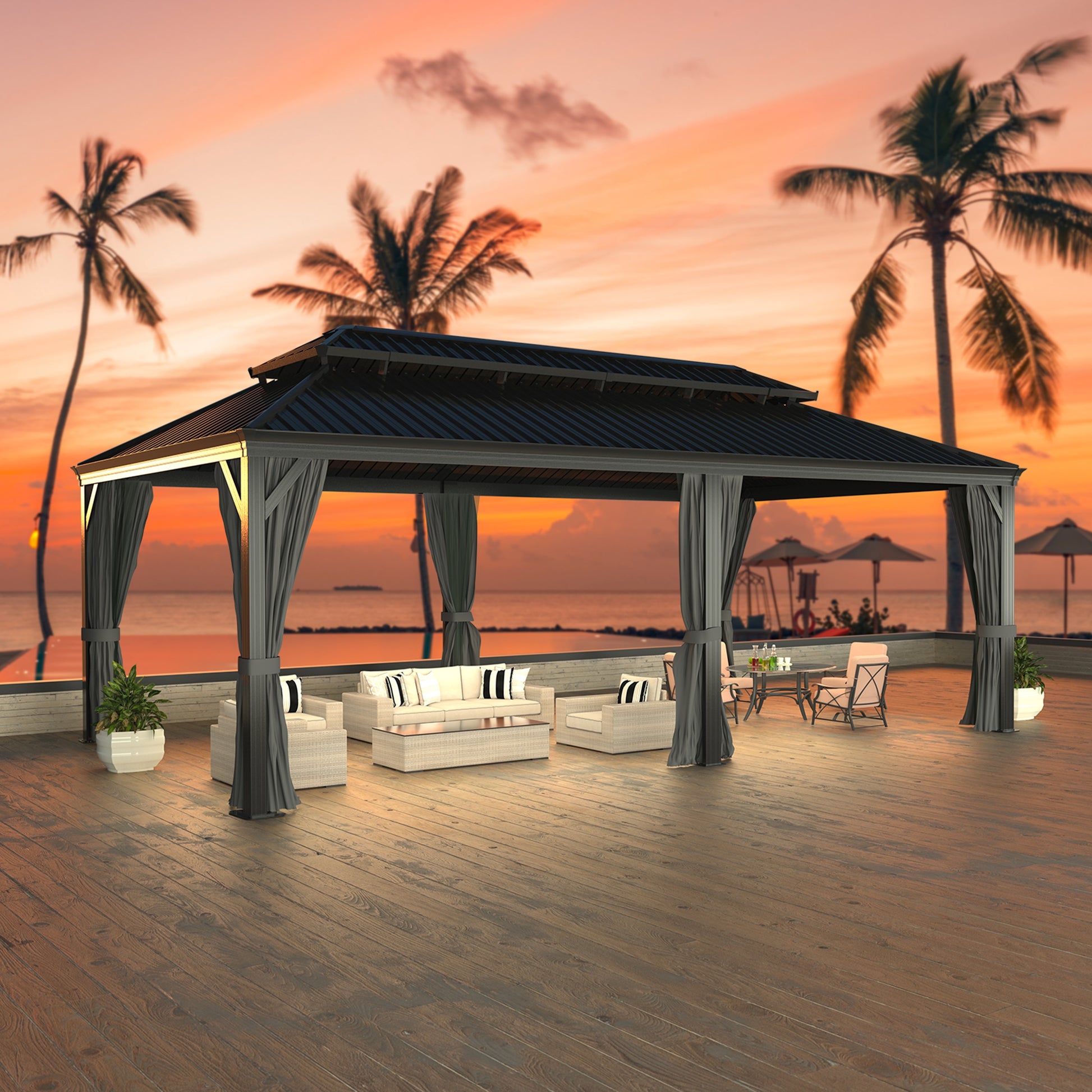Mazonvintage 20' x 14' Double Roof Hardtop Gazebo with Gutters and Roof Hooks for Patio, Garden