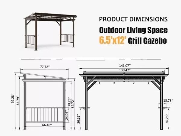 Mazonvintage 6.5x12FT Hardtop Grill Gazebo, Outdoor BBQ Shelter with 2 Side Shelves, Sloping Steel Roof, Permanent Sun Shade & Ceiling Hooks for Patio, Deck, Yard, Garden (Brown)