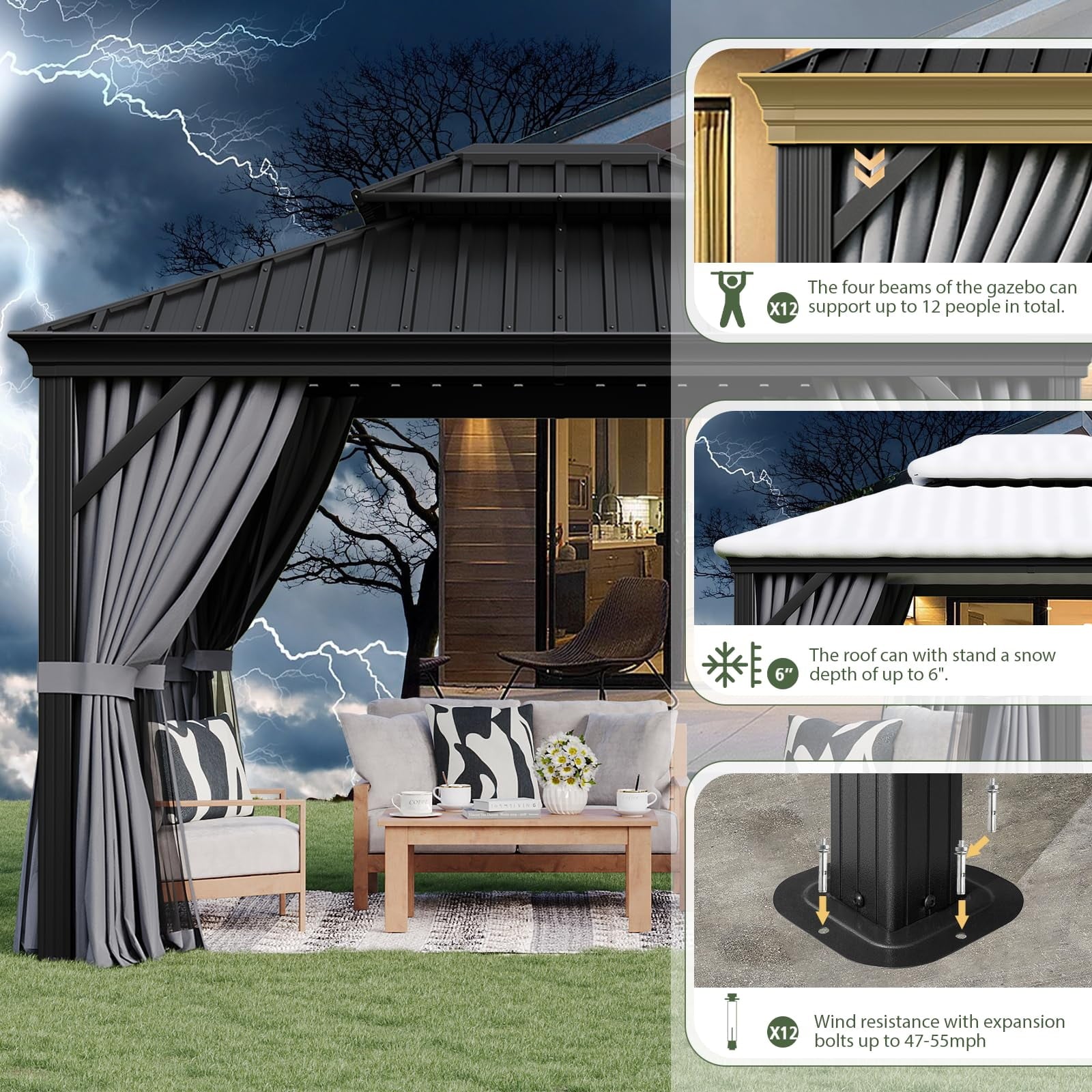 Mazonvintage 10' x 12' Hardtop Gazebo, Galvanized Steel Double Top, Permanent Aluminum Gazebo, Outdoor Metal Gazebo with Privacy Curtains and Mosquito Netting, for Parties, Gardens, Decks, Patios, Lawns