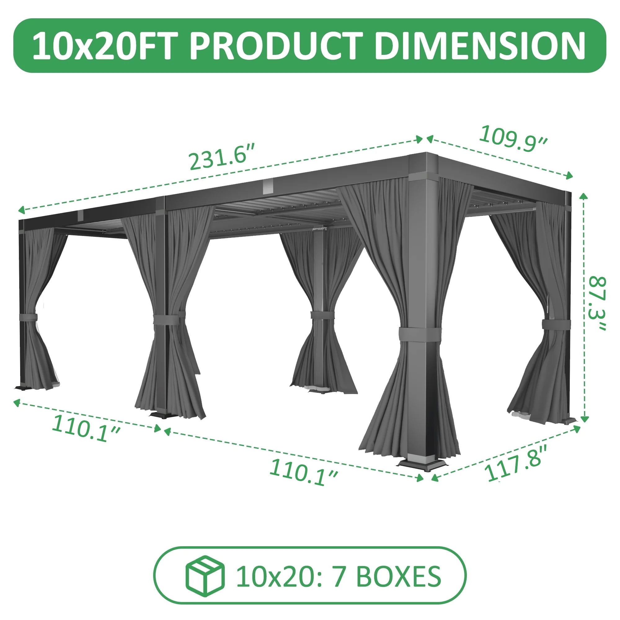 Mazonvintage Outdoor 10x20 FT Louvered Pergola, Aluminum Pergola with Adjustable Louvered Roof for Patio, Deck, Garden, Gray
