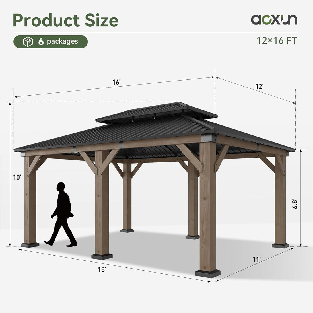 Mazonvintage 12' x 16' Outdoor Wood Gazebo, Hardtop Gazebo Permanent Wooden Pavilion with Galvanized Steel Double Roof, for Patio, Garden, Backyard, Cedar Wood