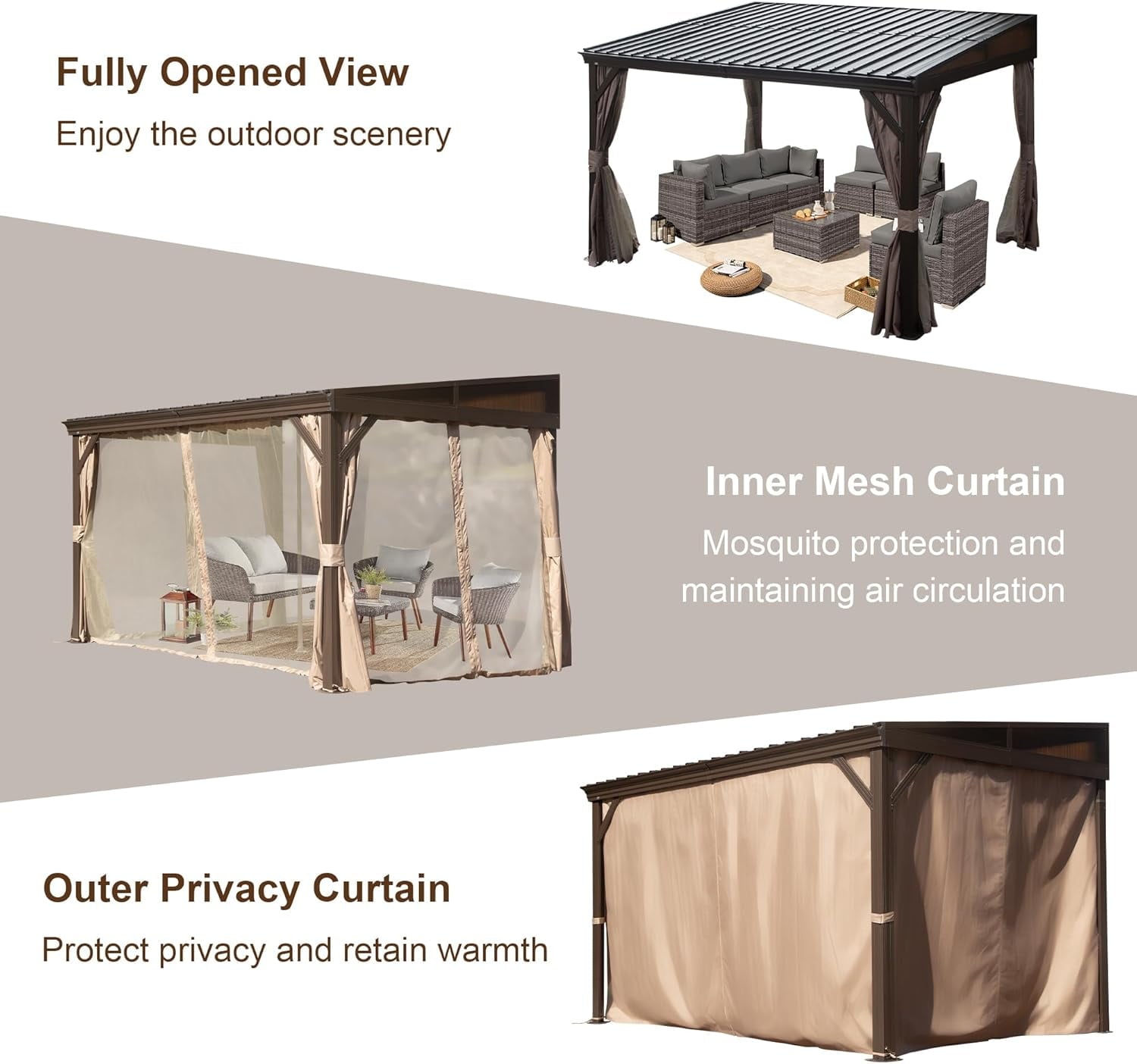 Mazonvintage Outdoor Living 8' x 12' Hardtop Lean-to Gazebo, Wall-Mounted with Galvanized Steel Roof Wall Pergola with Aluminum Frame, Curtains and Netting, for Patio, Deck, Garden, Backyard