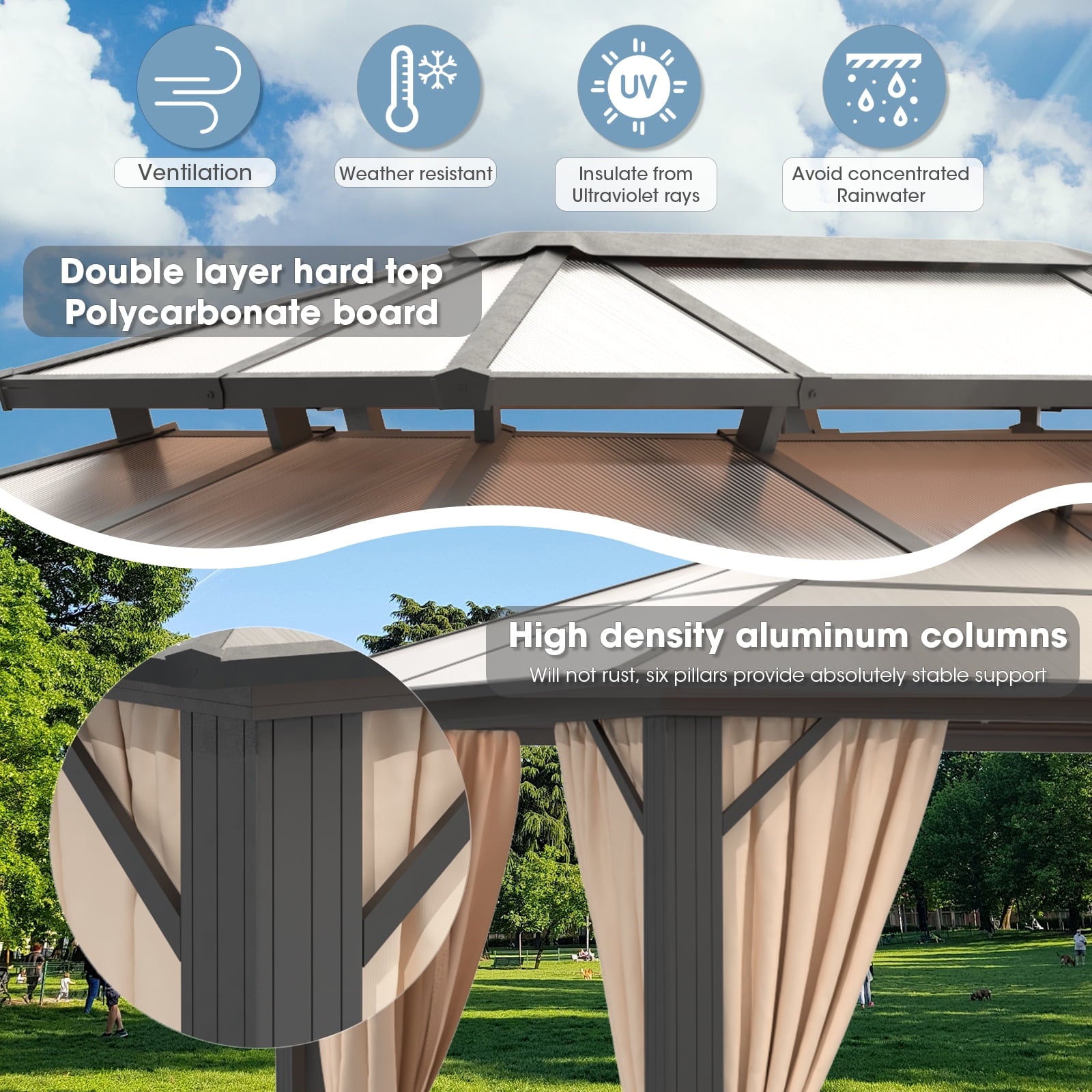 Mazonvintage 12x20FT Hardtop Gazebo, Aluminum Frame Permanent Pavilion with Curtains and Netting, Outdoor Polycarbonate Double Roof Canopy, Designed for Garden, Lawns, Patio