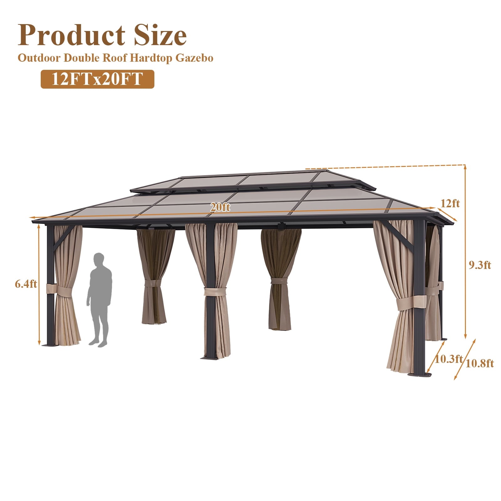 Mazonvintage 12x20FT Hardtop Gazebo, Aluminum Frame Permanent Pavilion with Curtains and Netting, Outdoor Polycarbonate Double Roof Canopy, Designed for Garden, Lawns, Patio