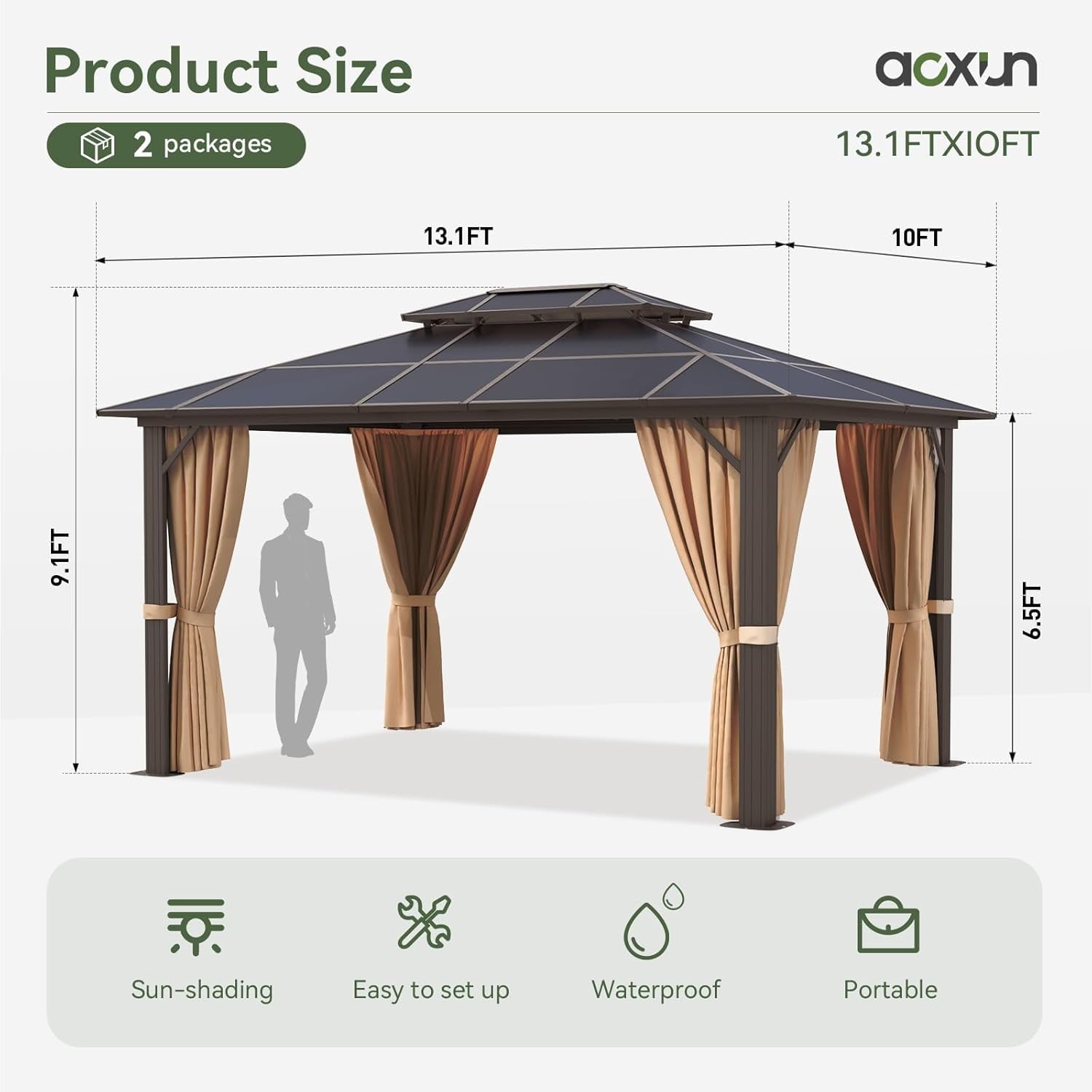 Mazonvintage 10'x13' Hardtop Gazebo, Aluminum Frame Permanent Pavilion with Curtains and Netting, Outdoor Polycarbonate Gazebo, Double Roof Canopy, for Gardens, Patios, Lawns