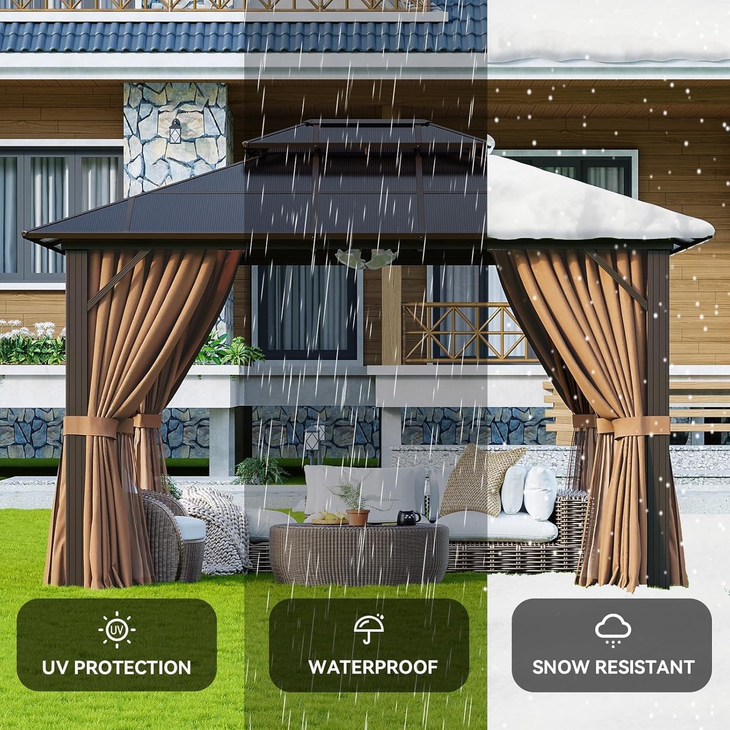 Mazonvintage 10'x12' Hardtop Gazebo, Aluminum Frame Permanent Pavilion, Outdoor Polycarbonate Gazebo, Double Roof Canopy, and 20” Outdoor Fan Lights