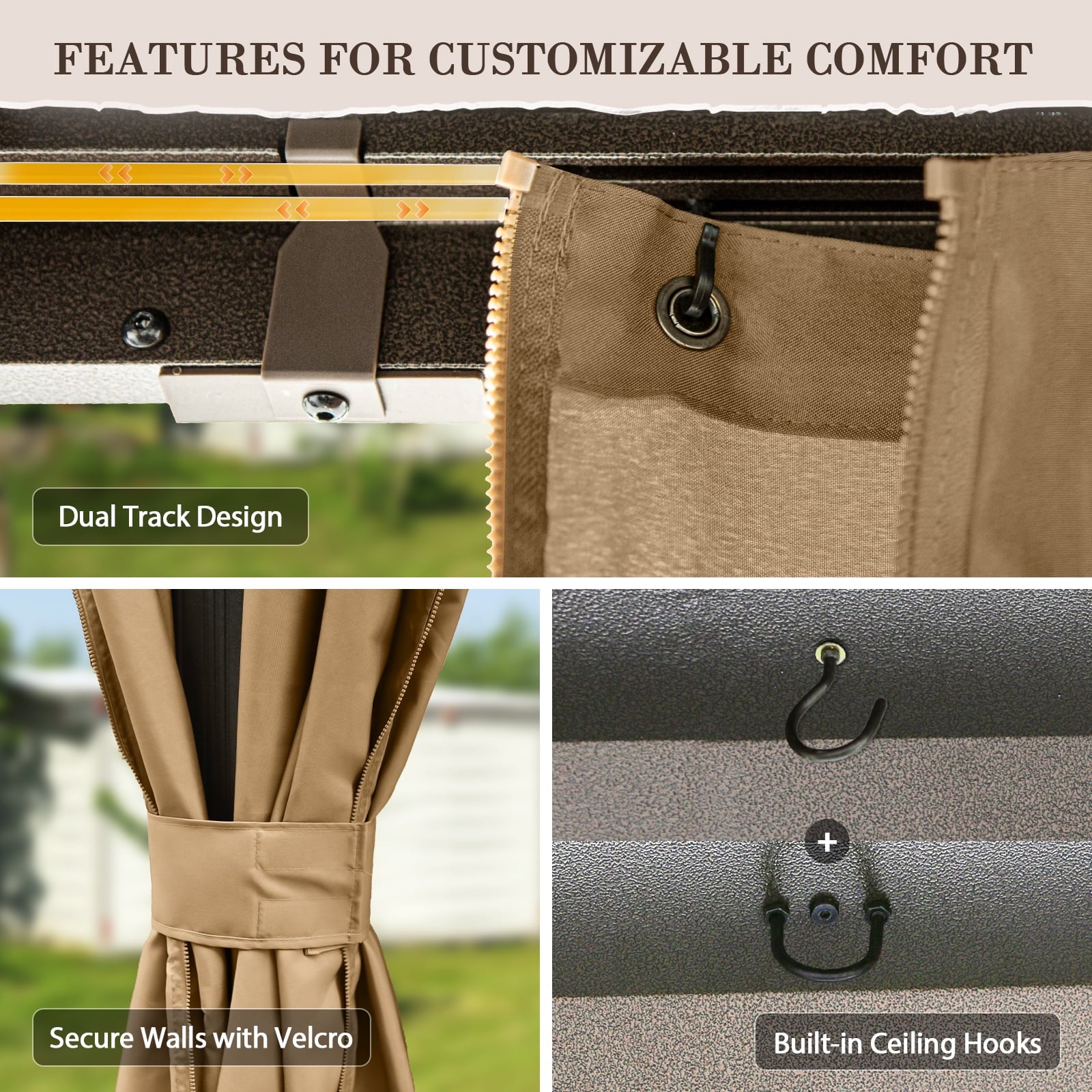 Mazonvintage PEAK 10'x 12' Outdoor Patio Hardtop Gazebo with Aluminum Frame, Galvanized Steel Double Roof with Netting and Curtains for Garden, Yard, Lawns, Brown