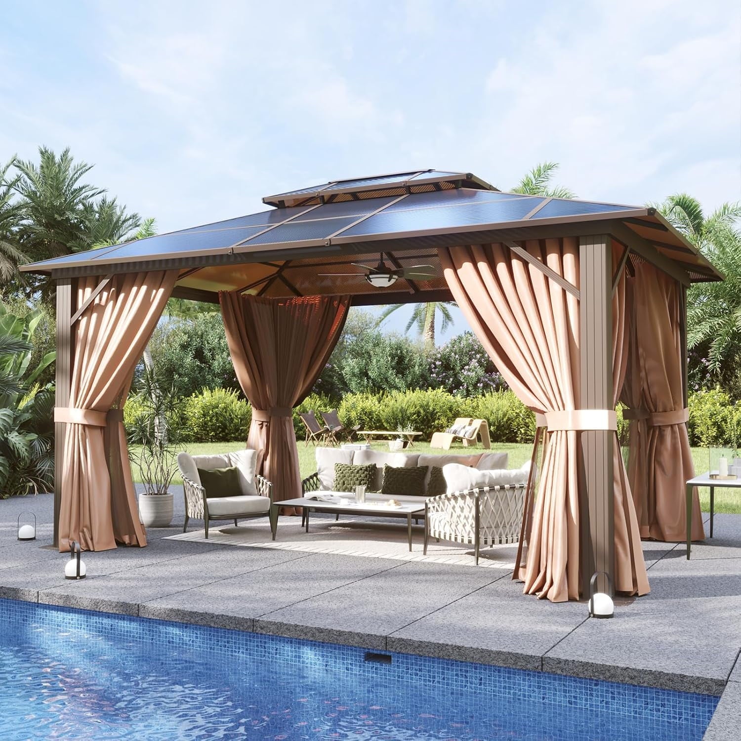 Mazonvintage 10 ft. x 12 ft. Hardtop Gazebo, Double Polycarbonate Roof Aluminum Frame Gazebo W/Curtain and Netting, Brown