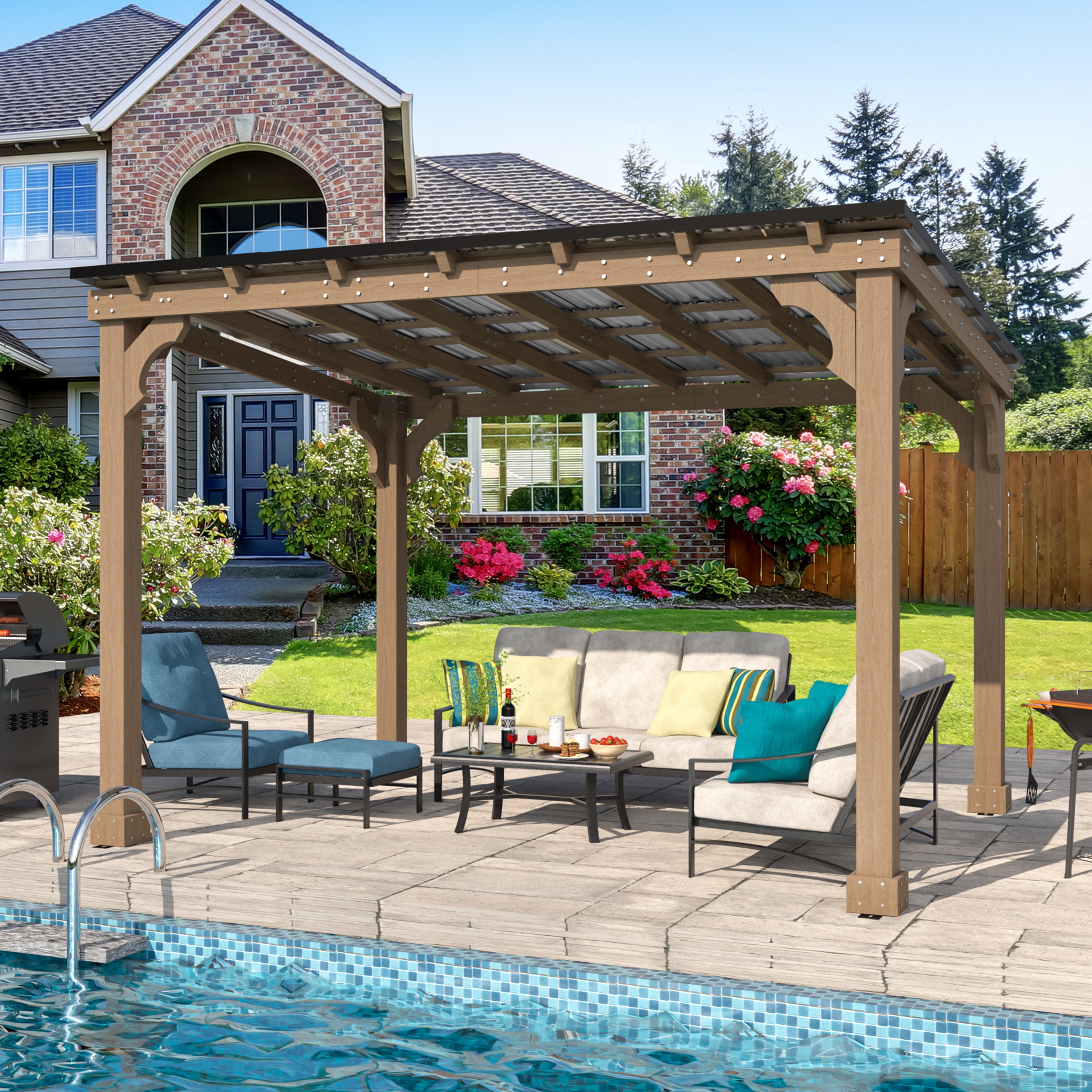 Mazonvintage 10'x 12' Outdoor Wooden Grill Gazebo, Heavy Duty BBQ Pergola for Deck, Garden and Patio