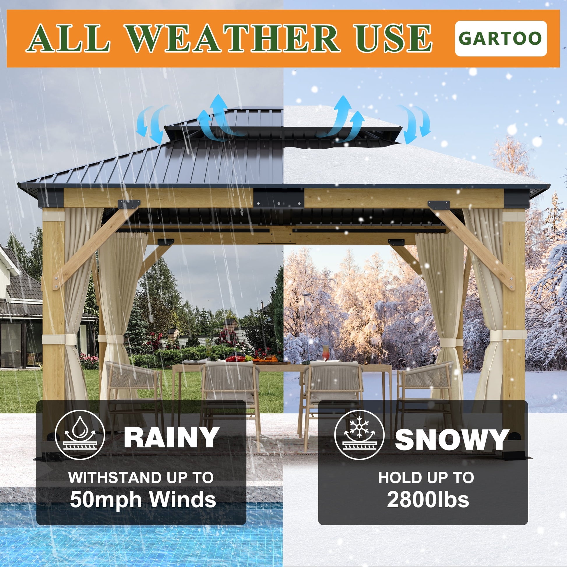 Mazonvintage 11 x 13 ft. Patio Cedar Wood Gazebo, Double Metal Roof Mazonvintage Wooden Gazebos with Curtains and Netting for Backyard, Deck, Lawns