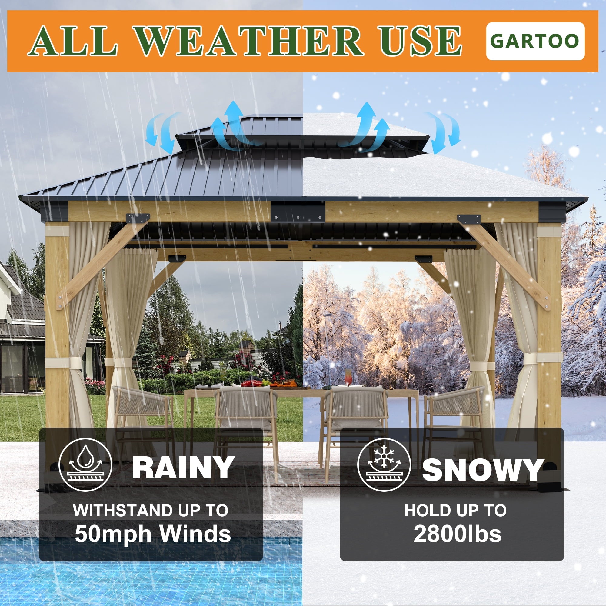 Mazonvintage 11 x 13 ft. Patio Cedar Wood Gazebo, Double Metal Roof Mazonvintage Wooden Gazebos with Curtains and Netting for Backyard, Deck, Lawns