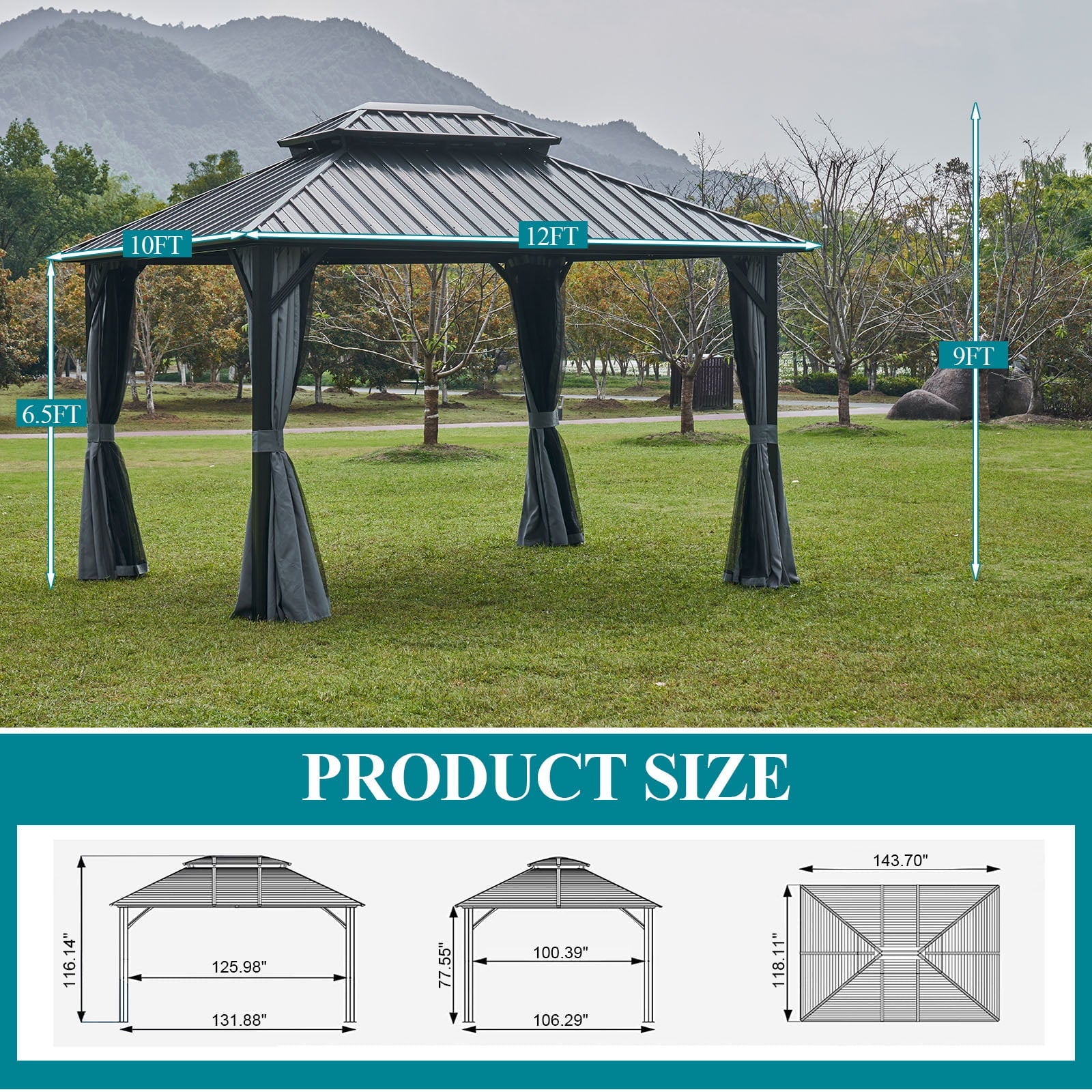 Mazonvintage 10'x12' Hardtop Gazebo, Outdoor Steel Double Roof Canopy, Aluminum Frame Permanent Pavilion with Curtains and Netting, Sunshade for Garden, Patio, Lawns, Black
