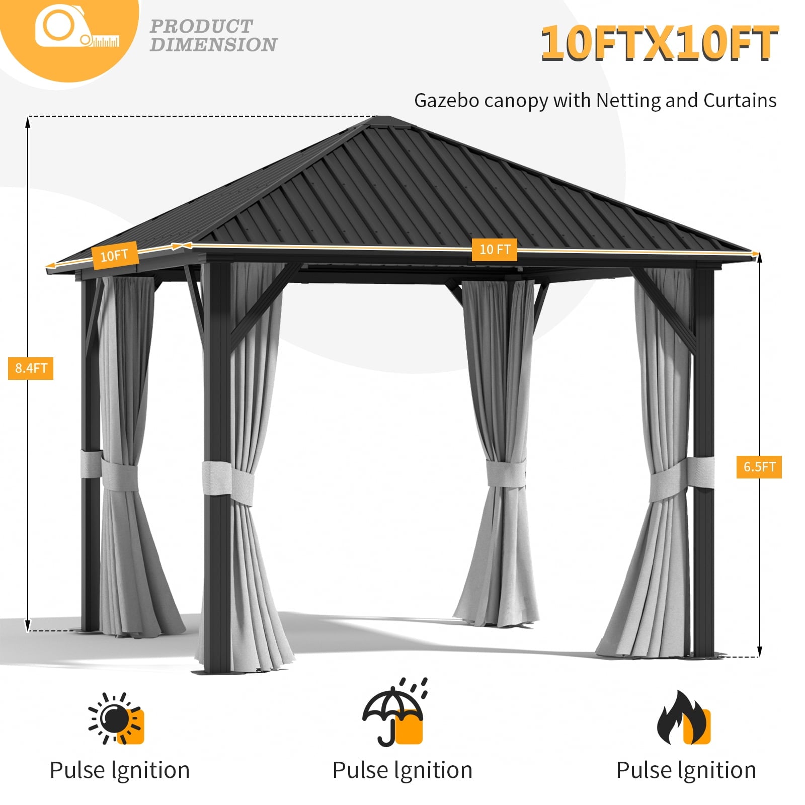 Mazonvintage 10x 10 Hardtop Gazebo, Outdoor Aluminum Frame Canopy with Netting and Curtain for Garden, Patio, Lawns, Gray