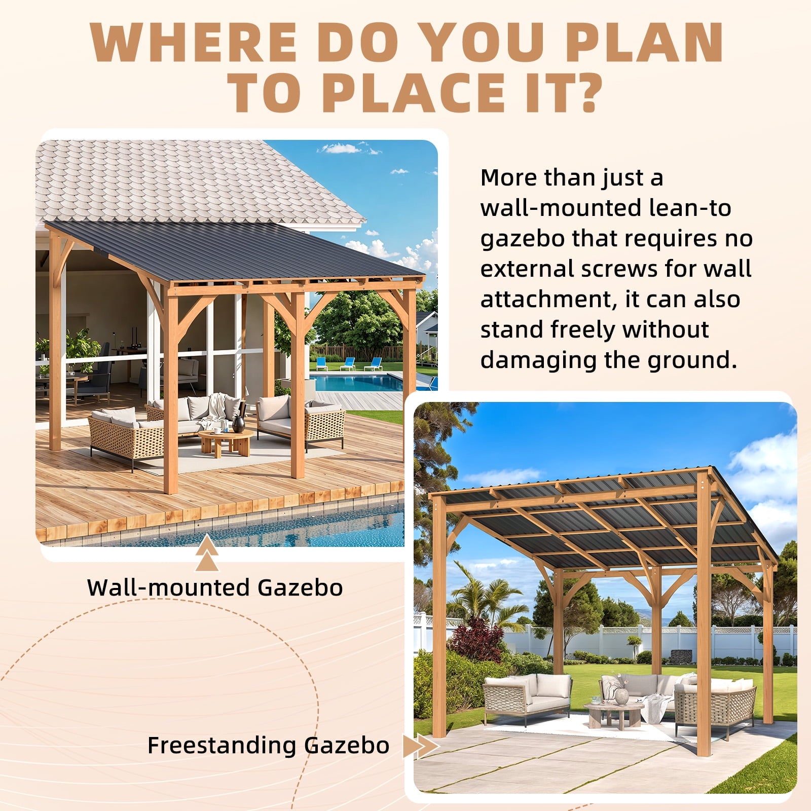 Mazonvintage 10' x 10' Wall-Mounted Outdoor Wood Gazebo, Hardtop Cedar Pergola with Heavy-Duty Awnings for Patio, Deck, Backyard