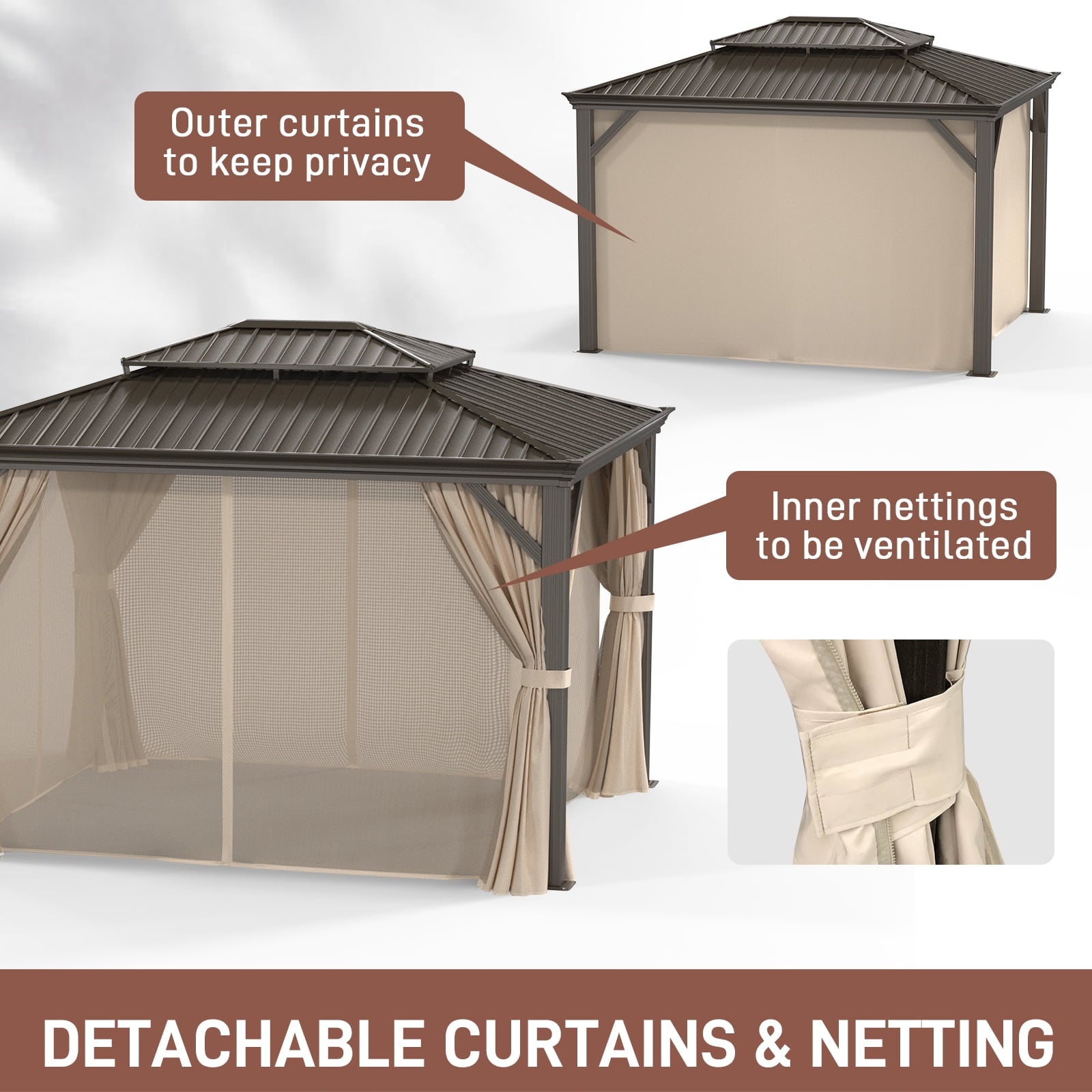 Mazonvintage Mazonvintage Gazebo, Aluminum Frame Canopy with Double Galvanized Steel Roof, Outdoor Metal Pavilion with Netting, Curtains for Backyard 10' x 12'